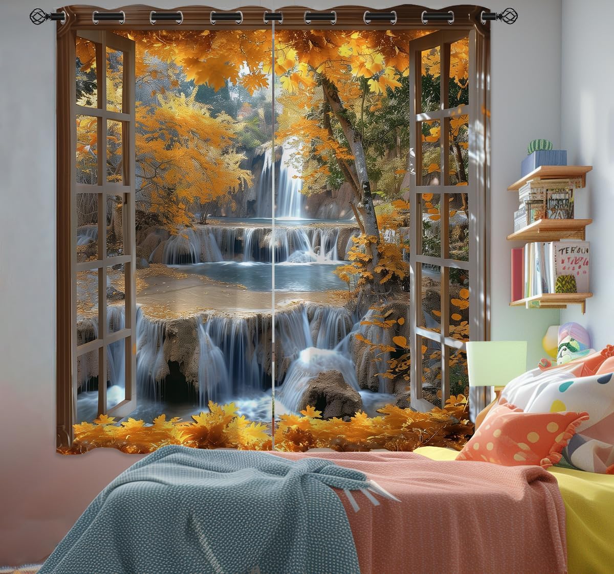 Landscape Blackout Curtains for Girls Boys Teens Home Decor, Nature 3D Autumn Fall Forest Maples Grommet Thermal Insulated Drapes Darkening Window Curtain for Bedroom Living Room, 42 x 63 Inch