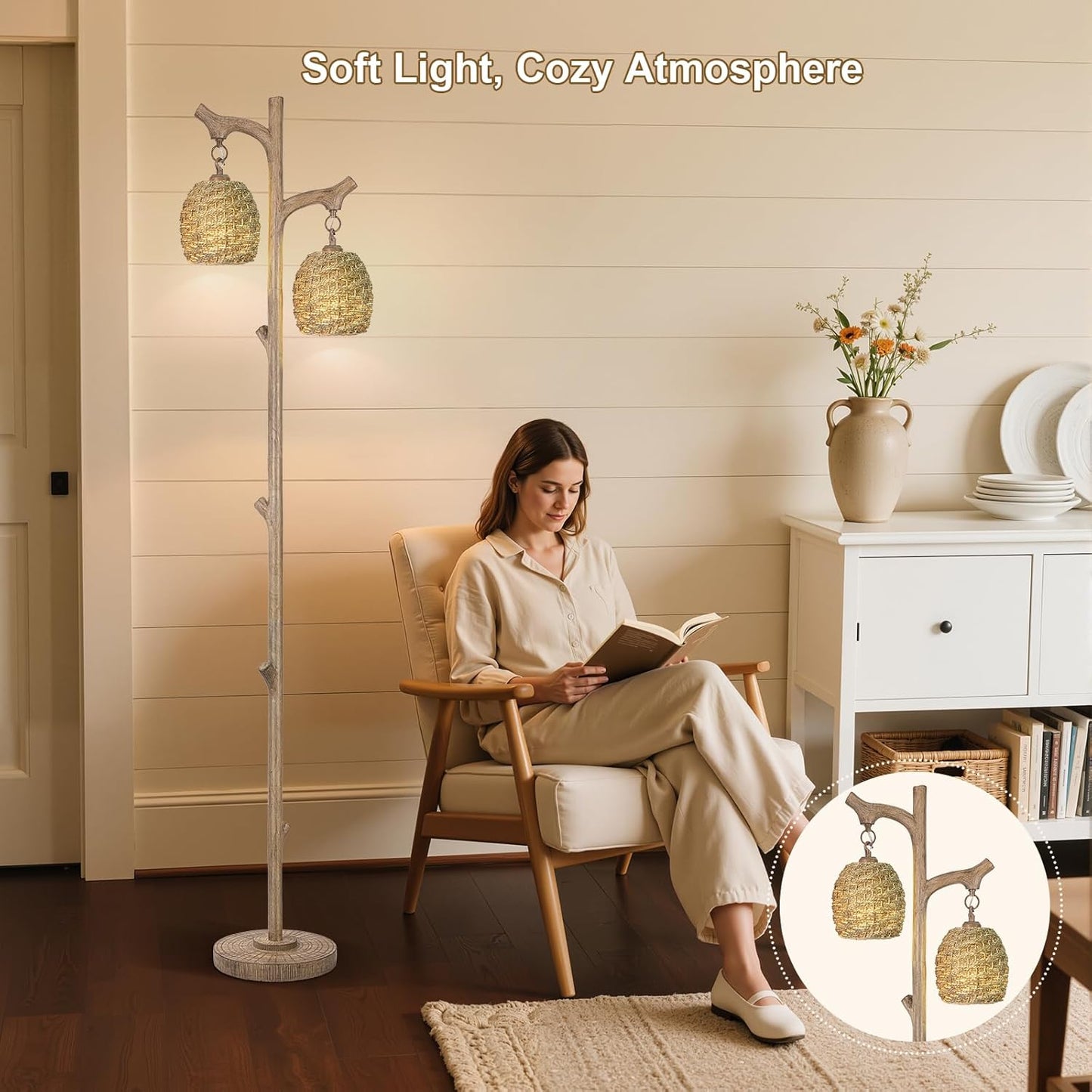 Scenekoy Vintage 68” Tall Floor Lamp with Straw Rope Woven Shade, Retro Resin Standing Lamp Tree Trunk Finish, Dimmable Corner Lamp Stand Up Light with Bulb Prefer for Living Room Bedroom Home Decor