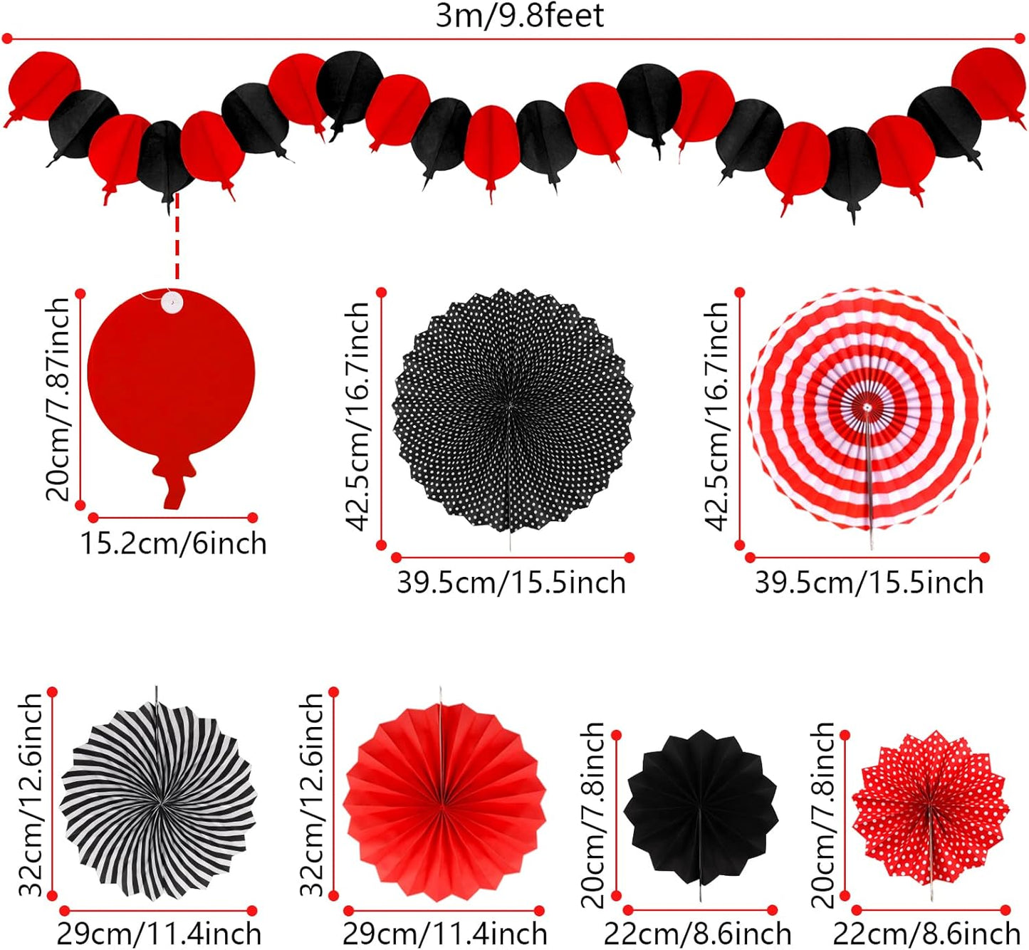 Red and Black Party Decorations, Papar Fans Pompoms Fans Garlands for Birthday Wedding Graduation Game Night Boy Girl Party Decorations