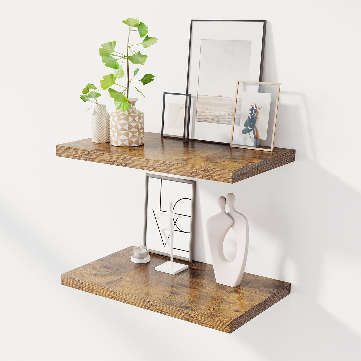 24" Floating Shelves for Wall, 12" Deep Slim Rustic Brown Floating Shelves, Wall-Mounted Shelves for Bedroom, Living Room, Kitchen, Bathroom - Set of 2