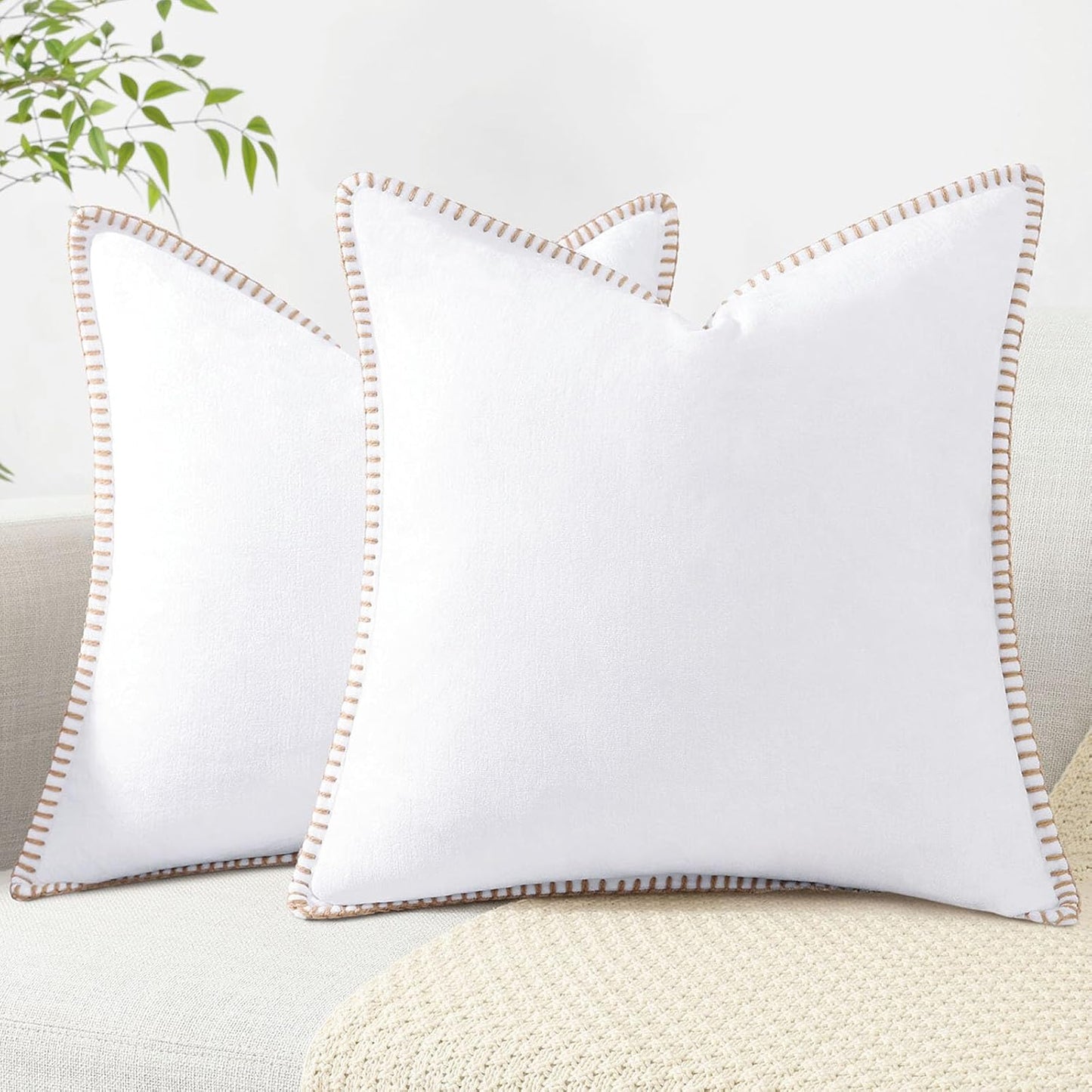 decorUhome Chenille Soft Throw Pillow Covers 24x24 Set of 2, Farmhouse Velvet Neutral Decorative Euro Pillow Covers with Stitched Edge for Couch Sofa Bed Home Decor, White