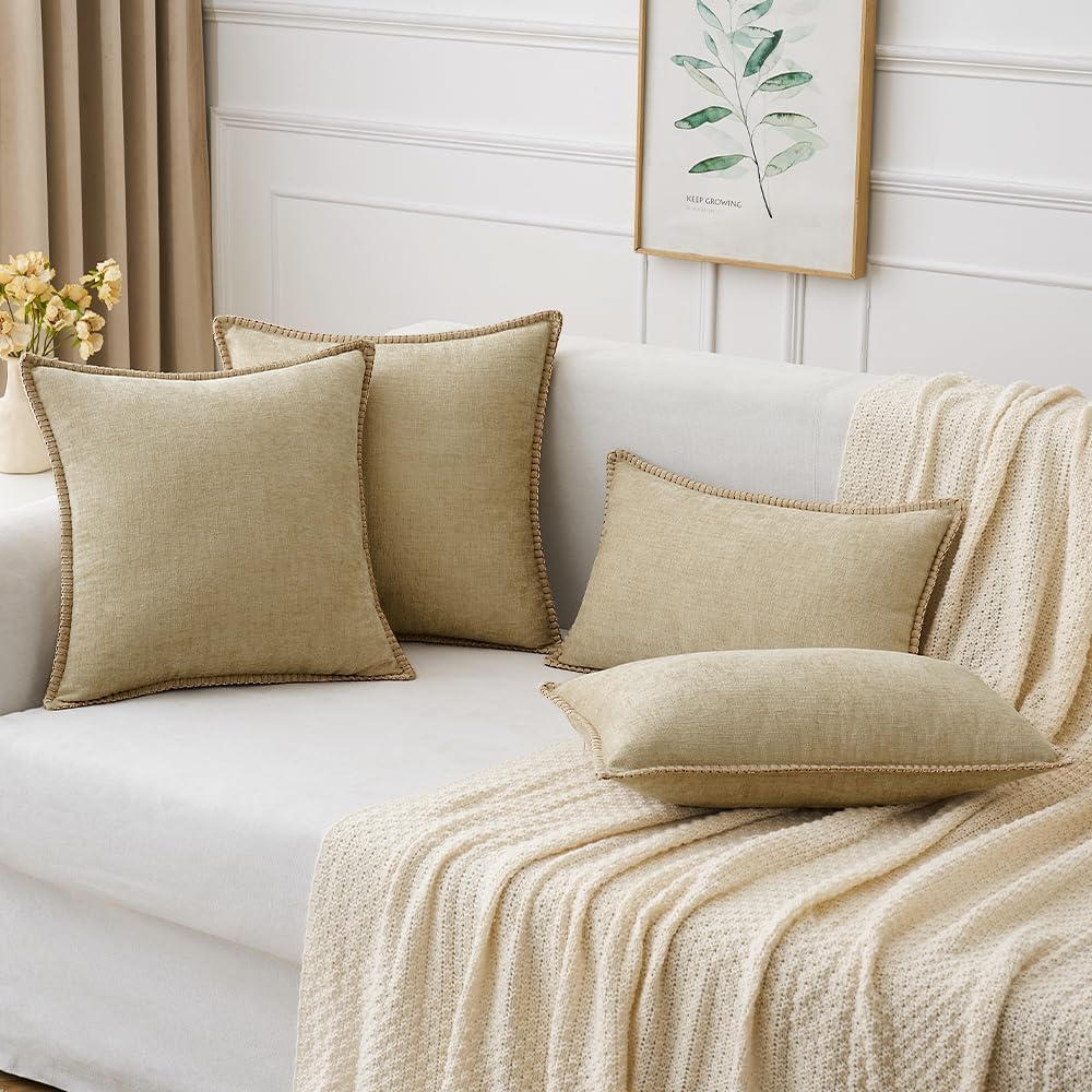 MIULEE Pack of 2 Couch Throw Pillow Covers 20x20 Inch Beige Farmhouse Decorative Pillow Covers with Stitched Edge Soft Chenille Solid Dyed Spring Pillow Covers for Sofa Bed Living Room