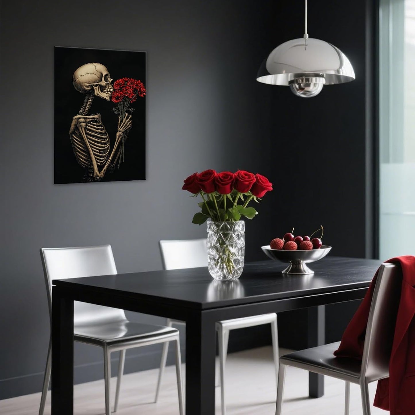 OAAPITI Red Rose Skull Wall Art Dark Themed Skeleton Painting Modern Artwork for Gothic Home Decor(Artwork-5,28"x42")