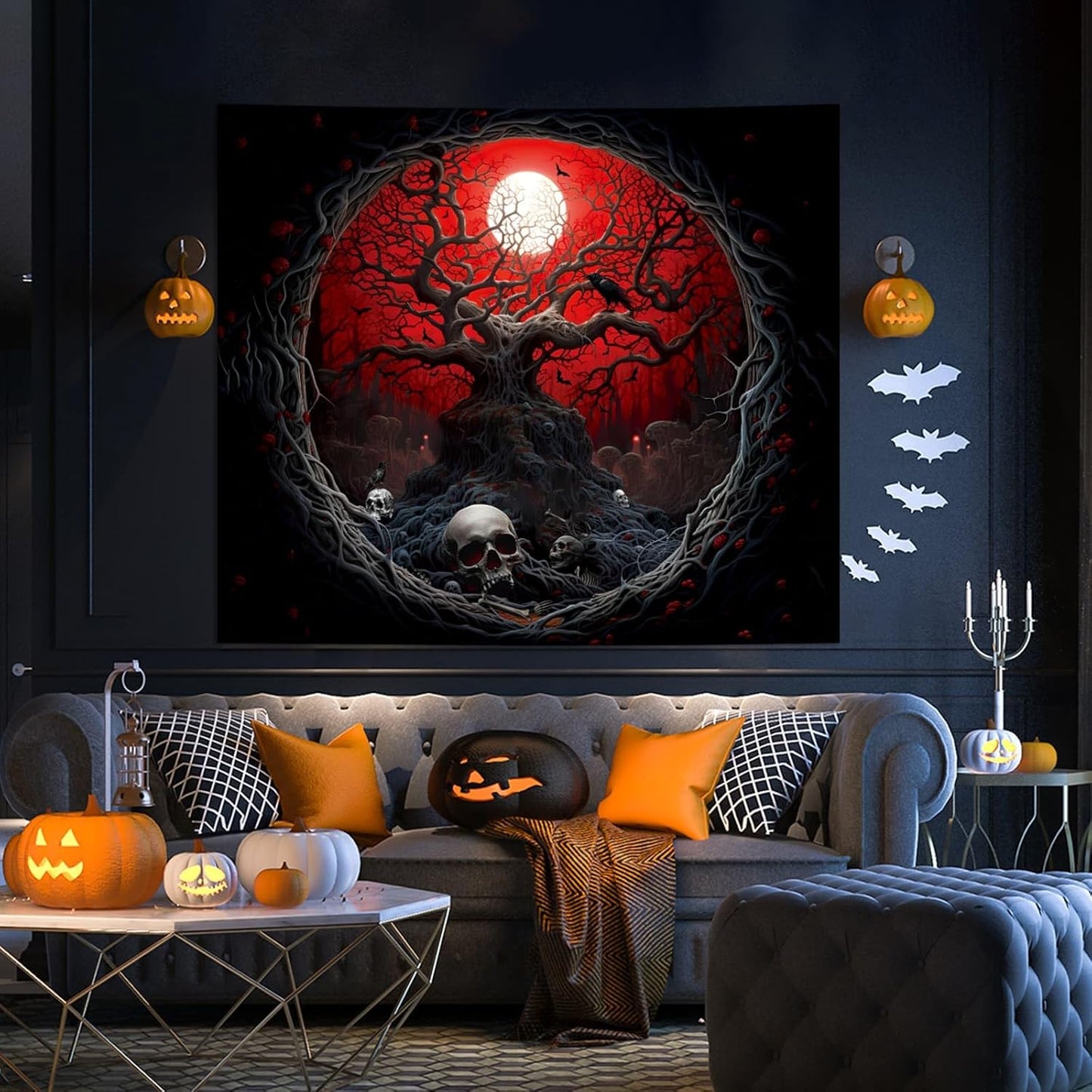 Atrippy Halloween Black Red Anime Tapestry, Gothic Dark Forest Moon Wall Hanging, Nature Skull Withered Tree Landscape Tapestries for Bedroom Living Room Men Dorm 51x 60 Inches