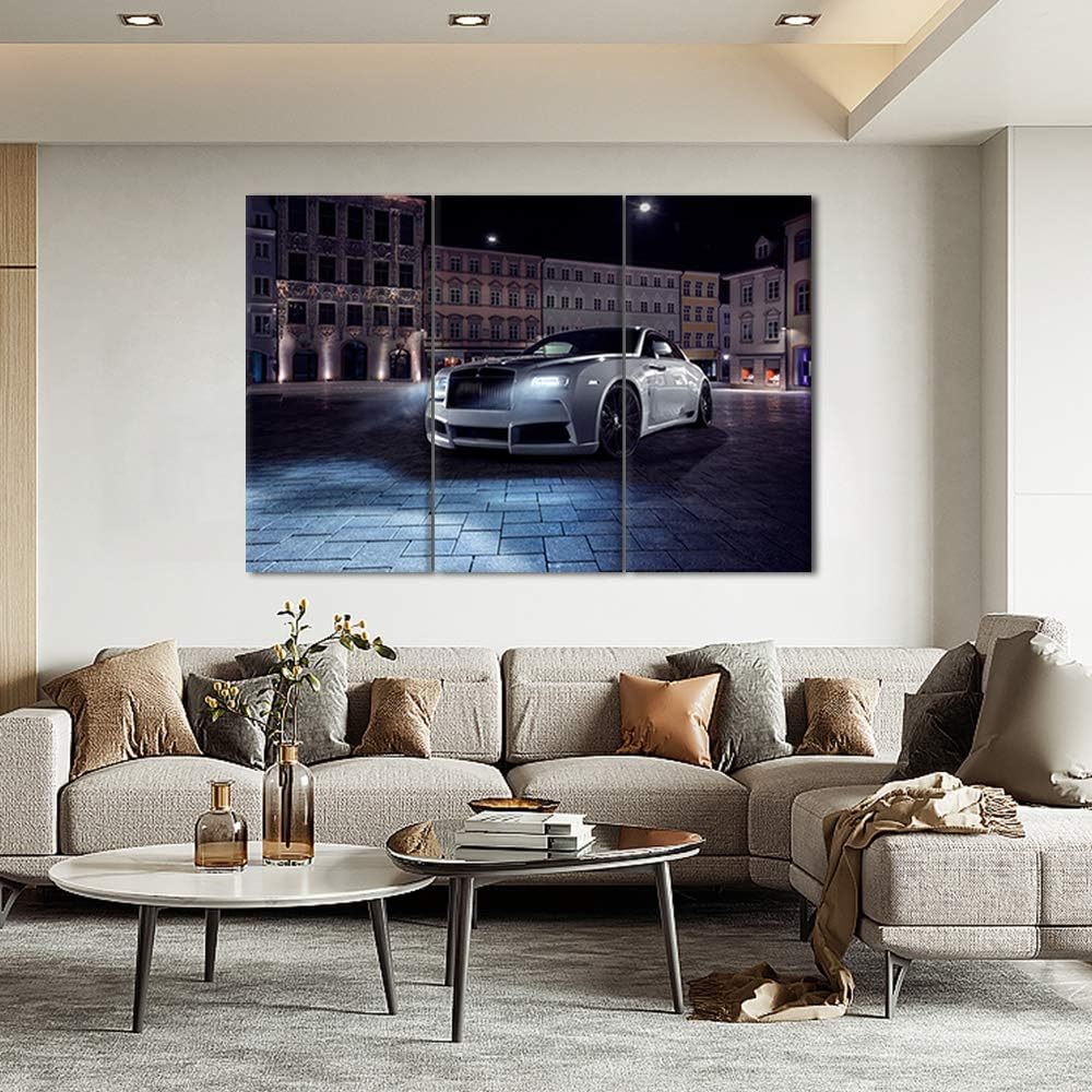 Wall Art Painting 3 Piece Cityscape and White Supercar Painting Pictures Print On Canvas Sports Car The Picture for Home Modern Decoration Stretched by Wooden Frame Ready to Hang 28 x 14inch x 3
