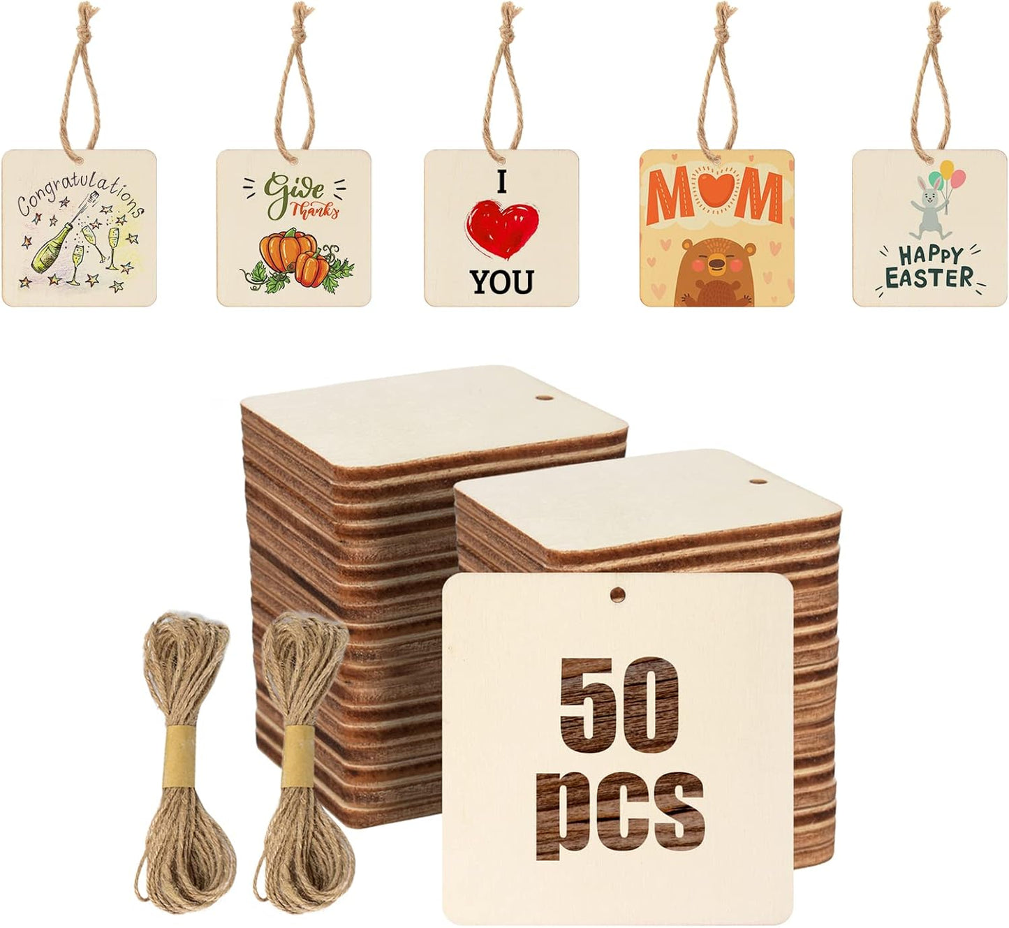 50 Pcs Square Wooden Tags, 3x3 Inch Unfinished Square Wood Slices Blank Square Wooden Slices with Holes, with Jute Twines for Sign Tags Home Party Hanging Decoration