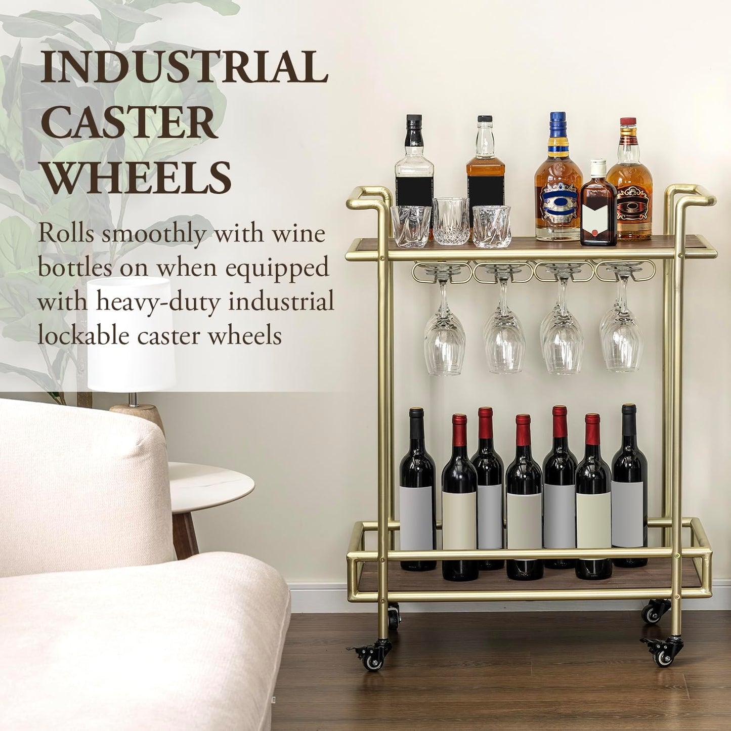 MyGift 2 Tier Rolling Bar Cart, Vintage Brass Tone Metal Cocktail and Wine Trolley with Burnt Wood Shelf Trays, Wine Glass Stemware Holder Rack and Lockable Wheels