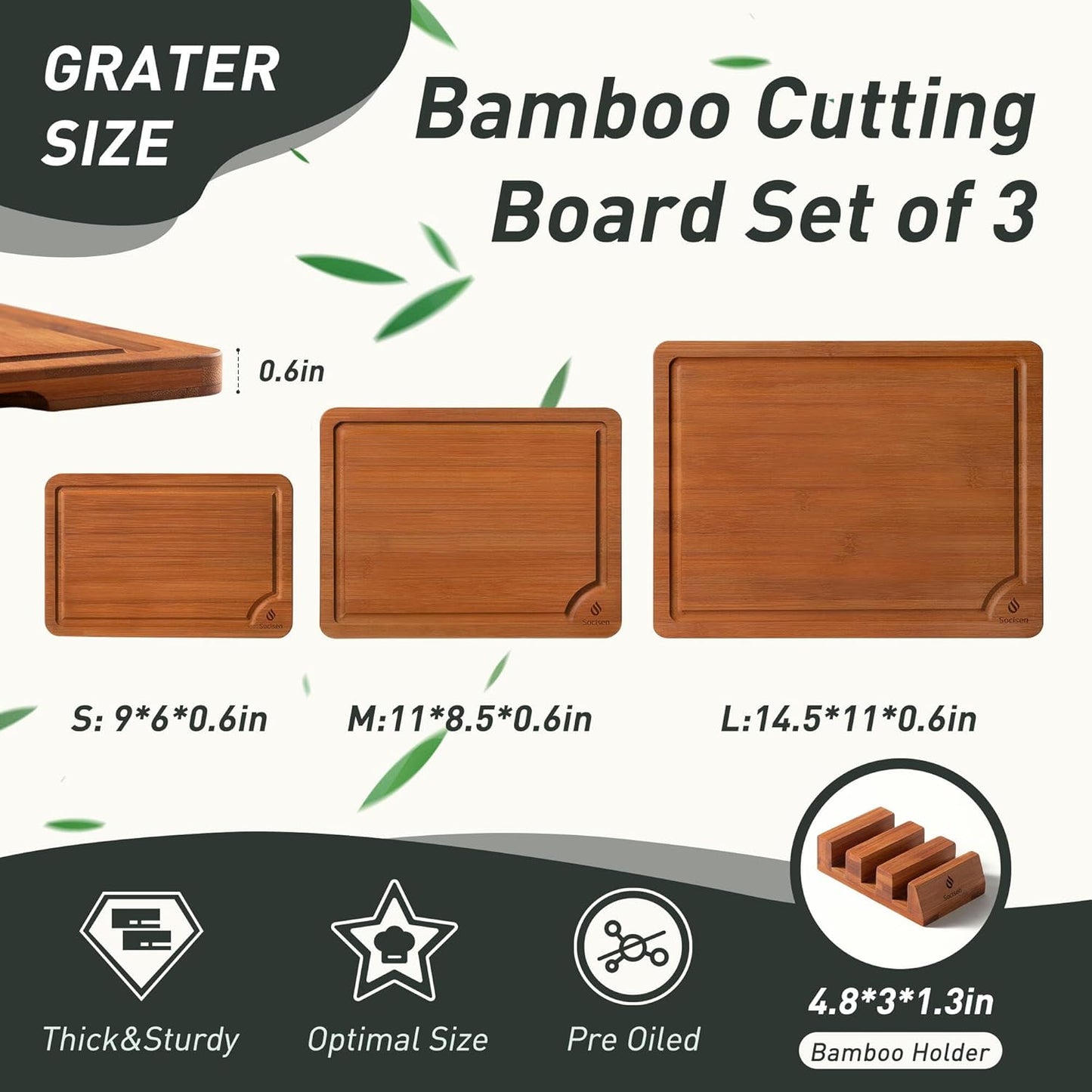 3 Packs Bamboo Cutting Board Set with Non Slip Feet Holder and Over Sink Nice Solid Thick Wood Juice Groove Chopping Board Extra Large Big Small Best Hardwood Kitchen Organic Vegetable Meat BBQ Kit