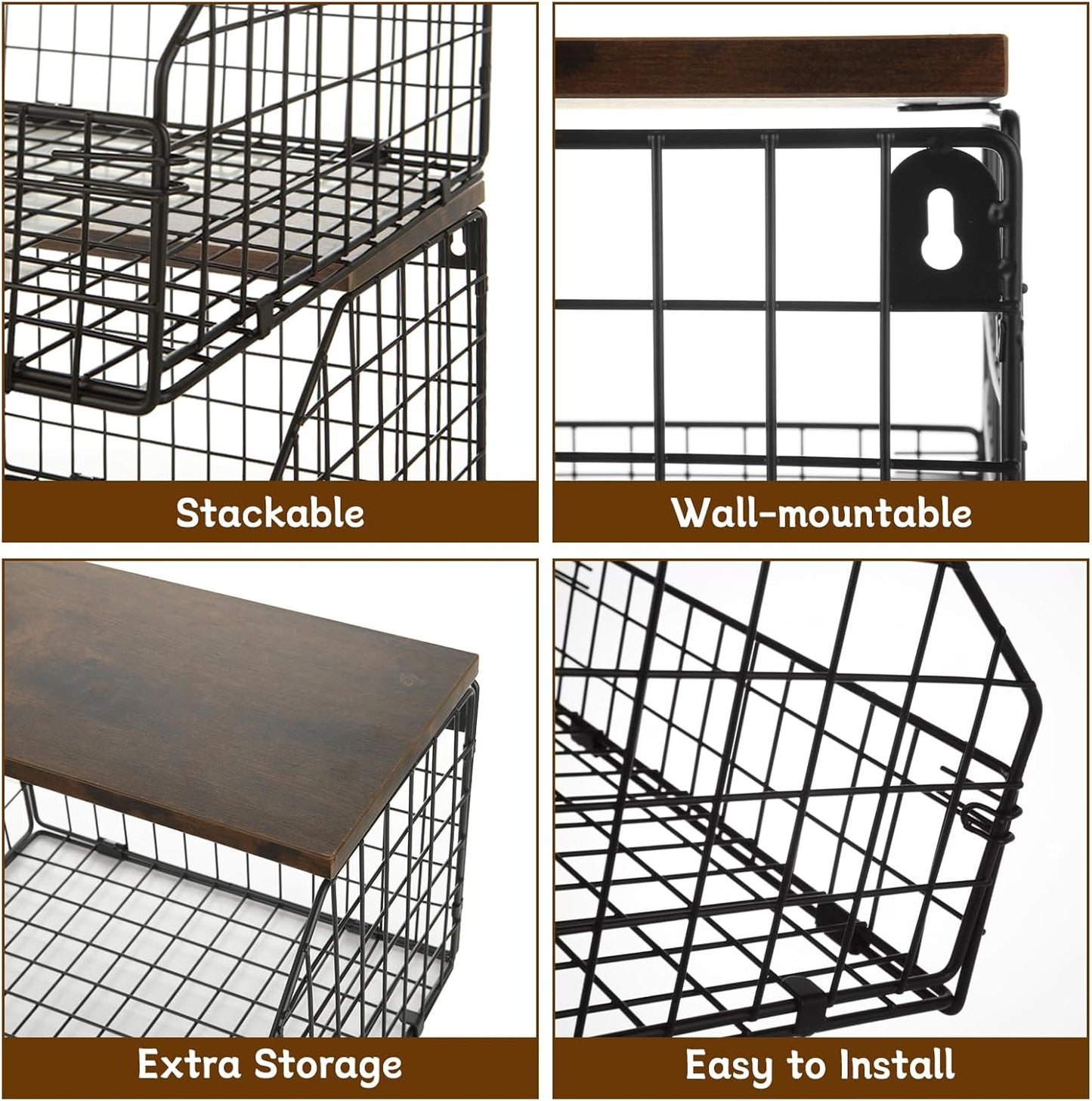 CYEAH 2 Pcs Stackable Fruit Basket for Kitchen, Hanging Wall Fruit Basket with Wood Lid, Space Saving Wall Mounted Mesh Metal Wire Baskets, Kitchen Counter Organizer for Snack, Onion, Potato Storage