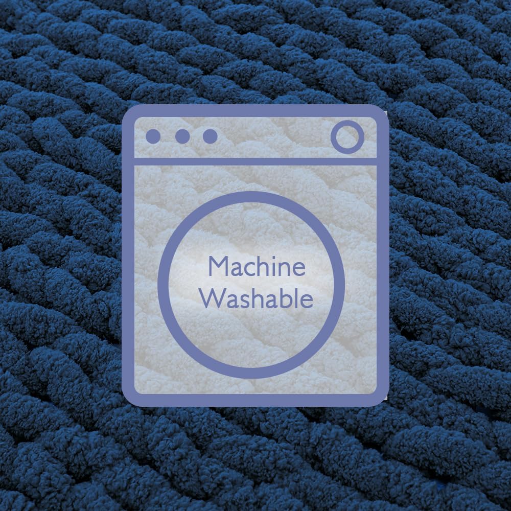 Bigacogo Chunky Knit Throw Blanket for Couch, 60x80 inches, 100% Hand Knitted with Thick Jumbo Chenille Yarn, Cozy Soft Large Rope Knot Cable Crochet Blankets for Sofa Bed Living Room, Navy Blue