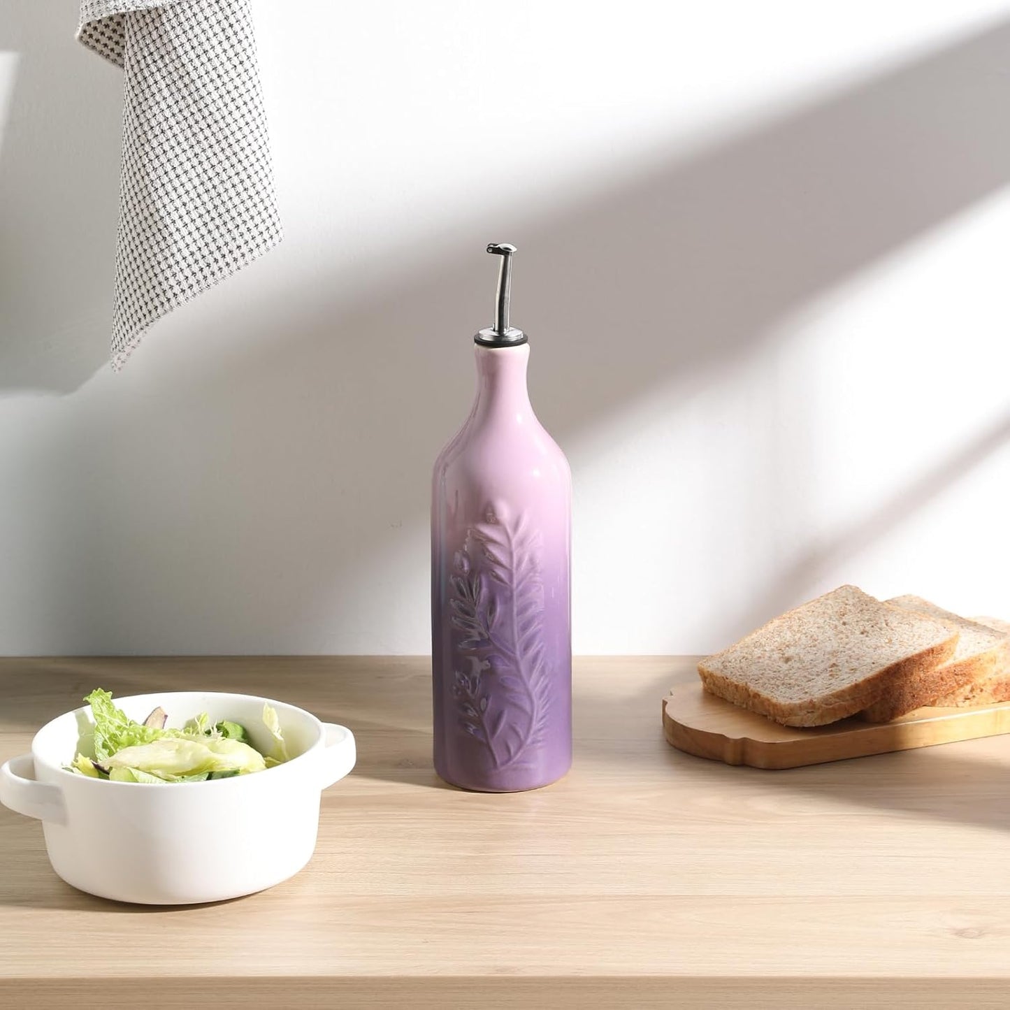 Sweejar Large Olive Oil Dispenser Bottle with Spout, 24 Oz Ceramic Dispenser for Kitchen, Relief Opaque Cruet, Container for Cooking, EVOO, Avocado Oil, Vinegar, Pack of 1(GradientPurple)