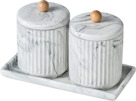 Marble Small Bathroom Jar Set ，Ceramic Cotton Swabs Holder with Lid and Dresser Organizer Set Tray for Storage and Organizing in Bathroom, Dresser, Kitchen, Office
