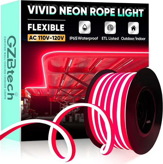 GZBtech Flexible LED Neon Rope Lights 33FT,AC 110-120V Waterproof Strip Light, 120 LEDs/M Cuttable Connectable Neon Lighting for Indoor Outdoor Home Decor/Commercial Building Use-Red 10M