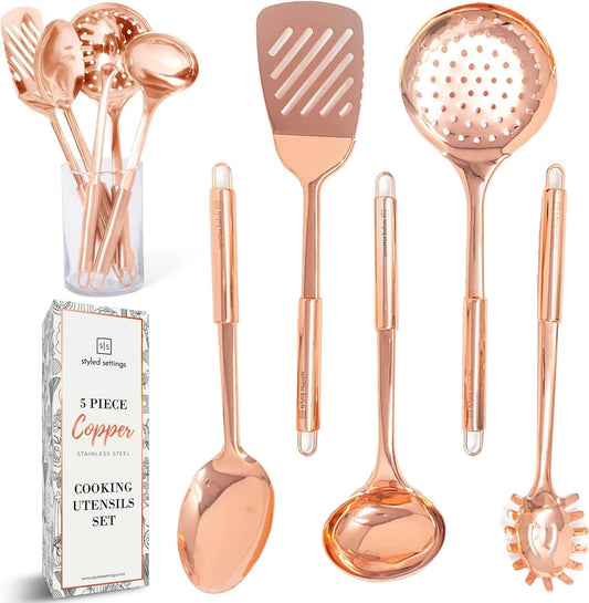 Copper Cooking Utensils Set – 5-Piece Rose Gold Stainless Steel Kitchen Tools for Cooking and Serving Includes Ladle, Spoon, Pasta Fork, Spatula, and Skimmer – Stylish Copper Kitchen Accessories