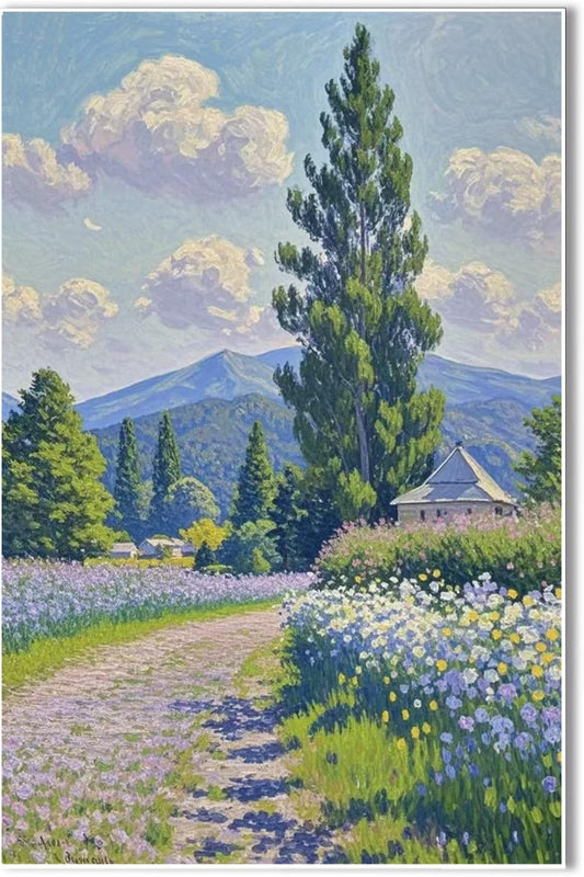 Countryside wildflowers landscape canvas poster natural plant flower artwork retro pastoral flower path suitable for farmhouse decoration