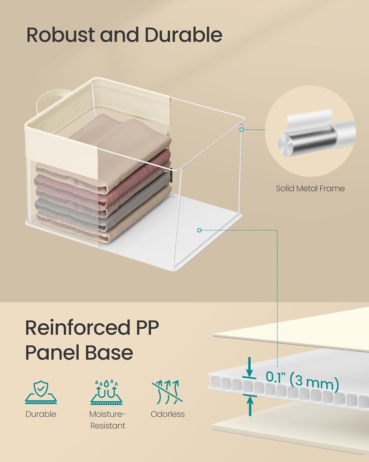 SONGMICS ClosetOrganizers Set of 3, Medium Fabric Storage Baskets, Foldable Organizer with Transparent Nylon Mesh, 15.7 x 11.8 x 9.8 Inches, Handles, for Bedroom, Living Room, Cream White URFB940W01
