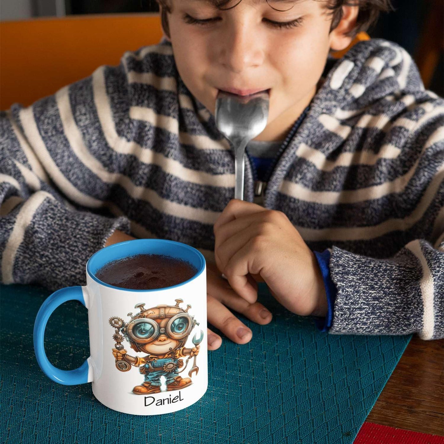Personalized Tech Enthusiast Coffee Cup 11oz 15oz, Customized Steampunk Character Design Ceramic Mug, Unique Custom Name Mug Gift For Engineer, Kid Cup, Cute Mechanic White Cup