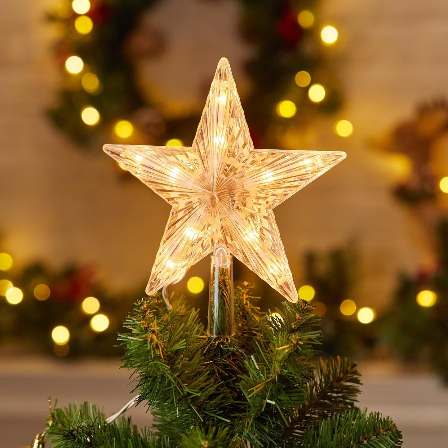 Christmas Tree Topper Lighted Star with Built-in 10 Replaceable Bulbs, 9.5” Clear Five-Pointed Star Tree Topper Plug in for Indoor Office Xmas New Year Holiday Tree Decoration, Warm White