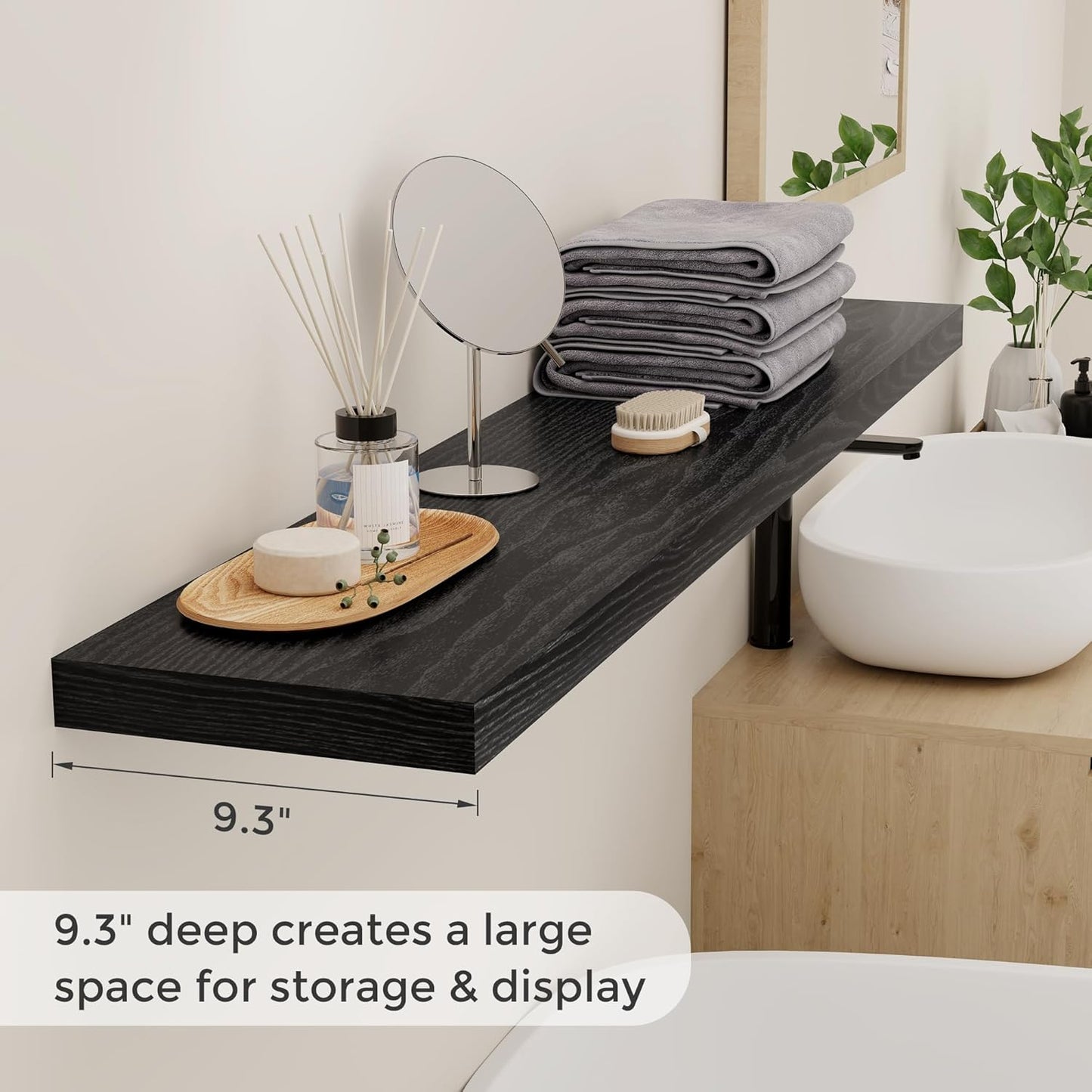 Fun Memories Floating Shelves 55 Inch Set of 2, Black 55 x 9 Wall Shelves for Home Decor Storage, Rustic Wood Floating Shelf for Wall, 9 Inch Deep Shelving for Bathroom, Living Room, Kitchen