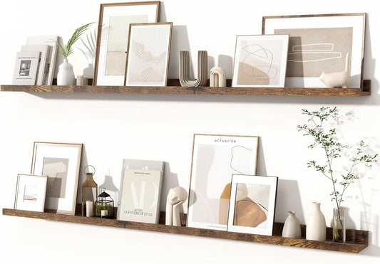 Fun Memories Picture Ledge Shelves Set of 2, 55 Inch Rustic Wall Mounted Floating Shelves with Lip for Home Storage and Décor in Bathroom, Kitchen, Nursery, Bedroom, Living Room, Brown
