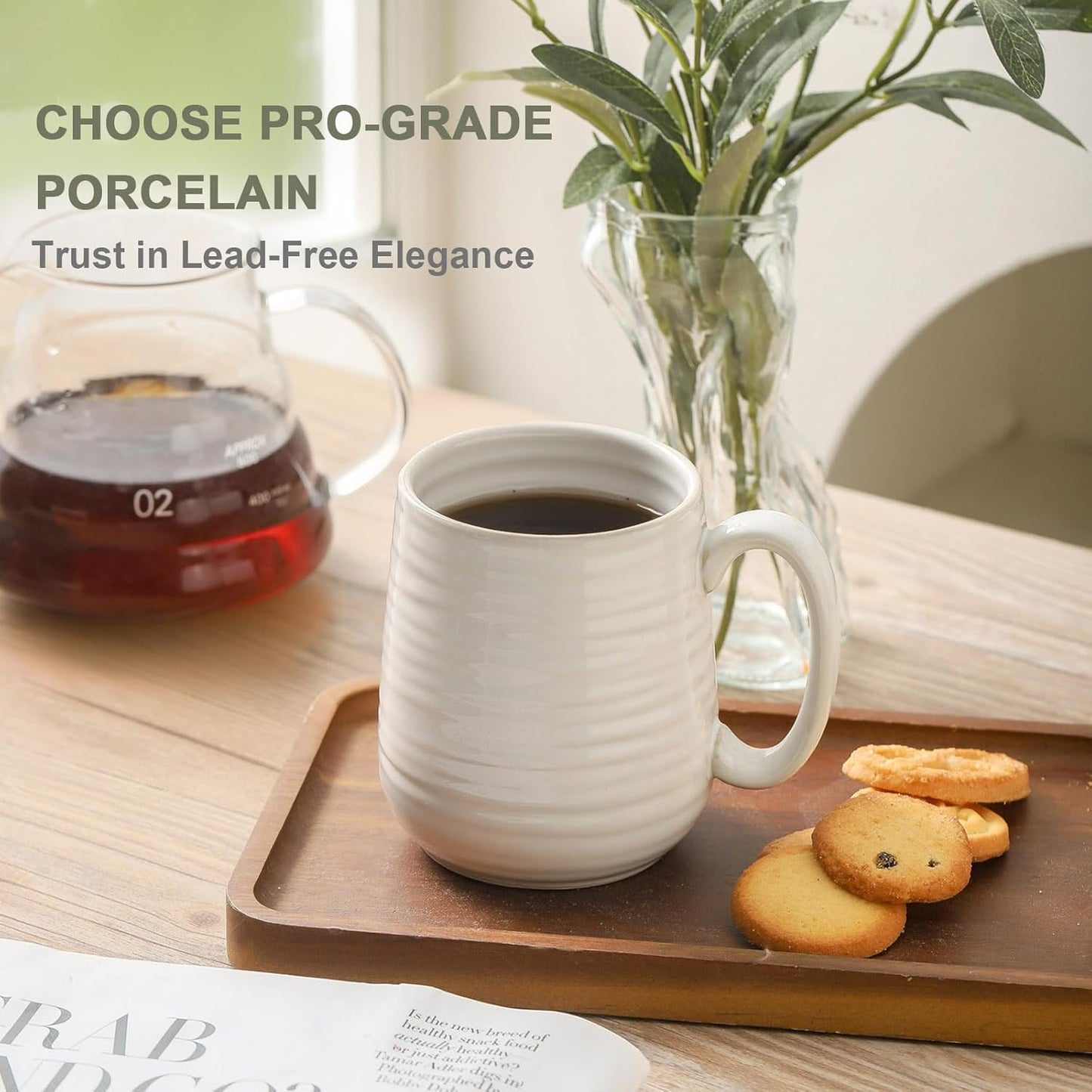 Hasense Coffee Mugs Set of 6, Ceramic Coffee Cups with Handle for Home Office, 12 Ounce Tea Cup for Coffee, Latte, Hot Cocoa, Dishwasher and Microwave Safe, Clay-Infused White