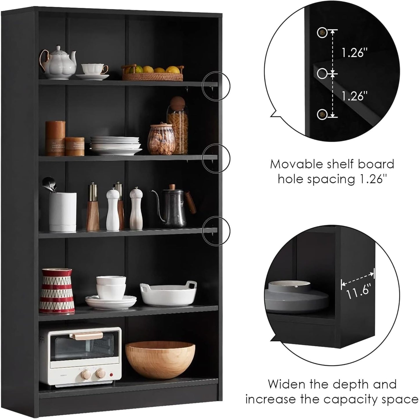 Bookshelf, Open Modern Bookshelf, 5 Shelf Bookcase with Freestanding Display Storage, Wooden Book Shelf for Bedroom, Living Room, Dinning Room, Office, 60 Inch, Black