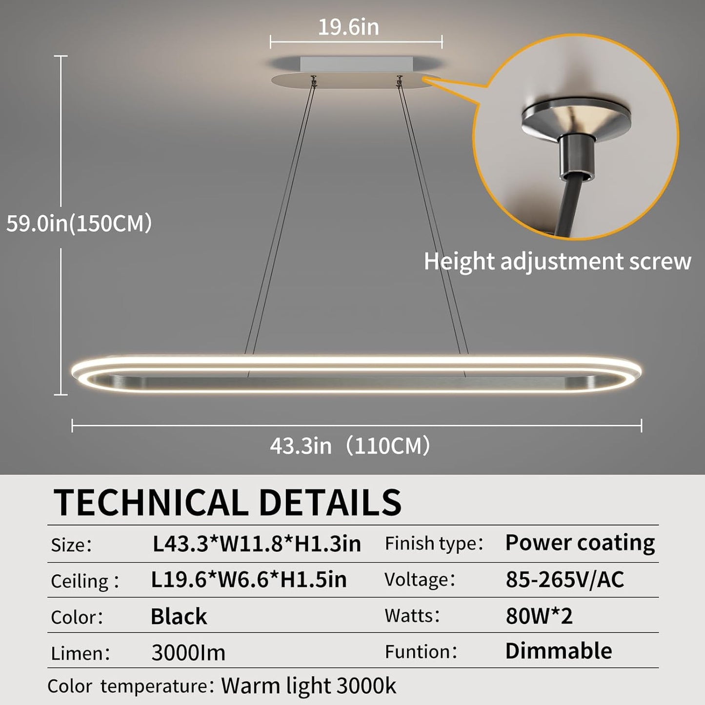 Island Lights, Linear Pendant Light LED Dimmable Hanging Light Fixture, 3000K-6000K with Remote Control,Chandeliers for Dining Room‎(Silver,43.3IN)