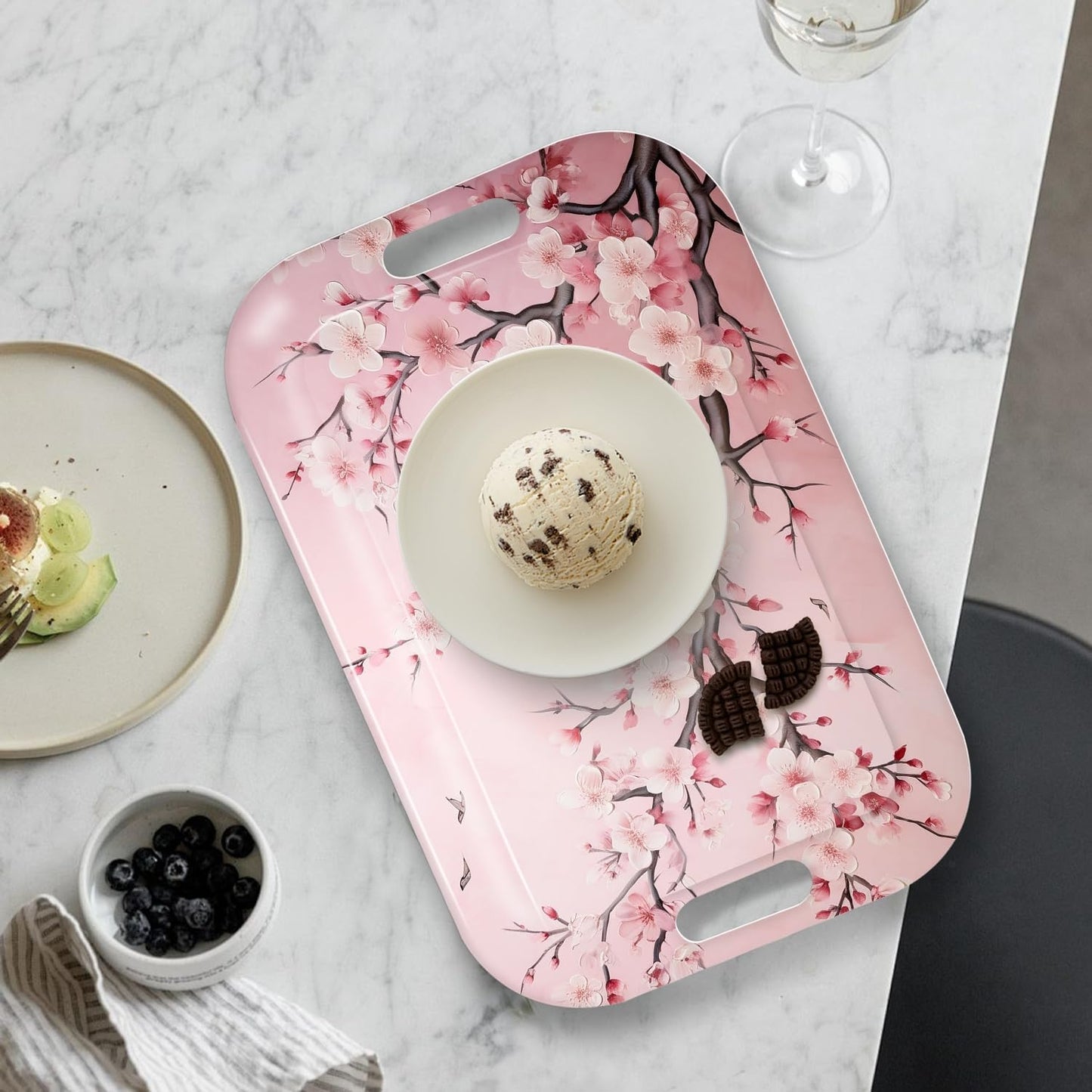 Serving Trays with Handles, 14.5 x 9.8 inch Rectangular Plastic Tray for Restaurant, Kitchen, Pink Cherry Blossom