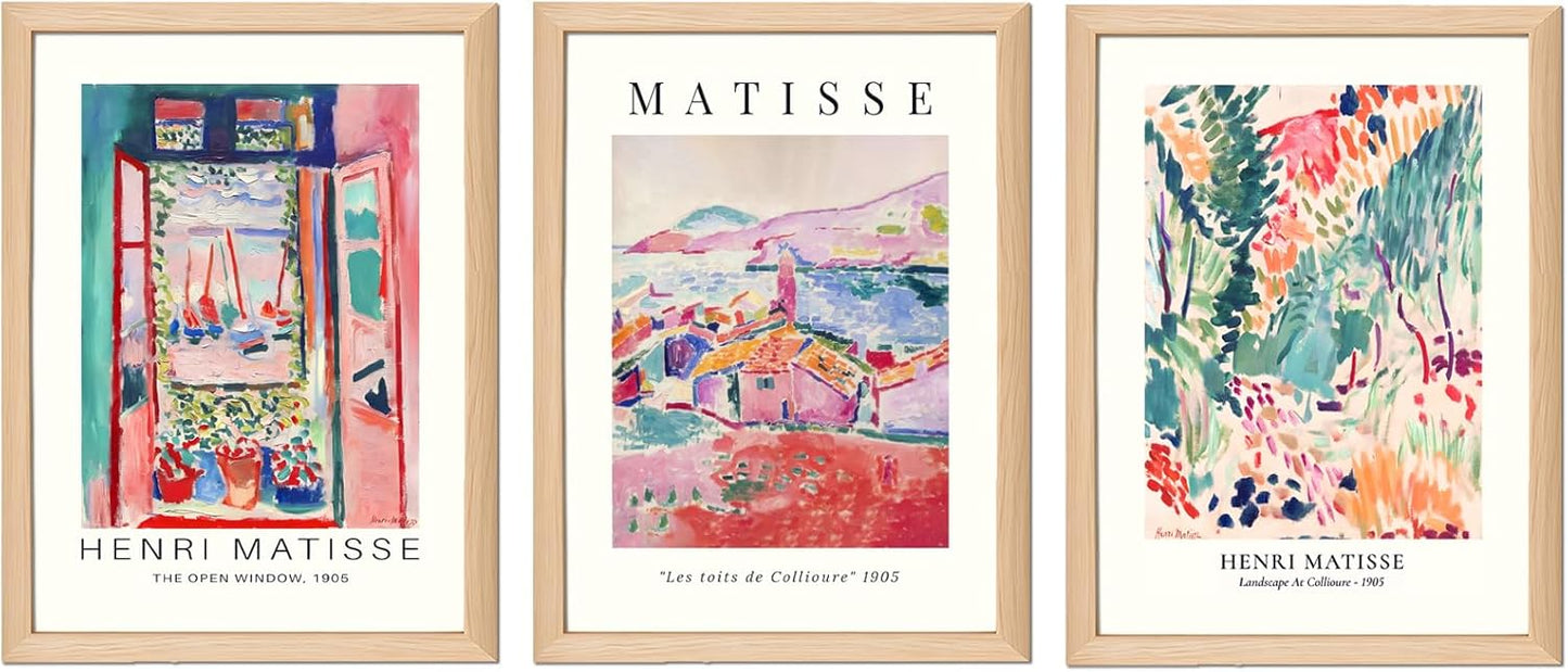 Wooden Framed Matisse Wall Art Set of 3 Abstract Henri Matisse Posters Vintage Flower Market Canvas Prints Open Window Painting Artwork Picture Aesthetic Room Decor for Bedroom Living Room 12x16in