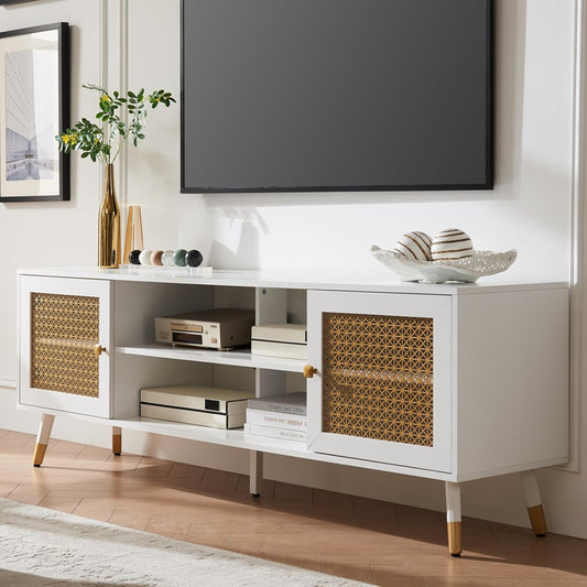 JYED Mid Century Modern TV Stand and Console for TVs Up to 75" - White Entertainment Center, 2 Gold Metal Mesh Doors & MDF Wood Grain, 15.8" D x 66" W x 23.5" H