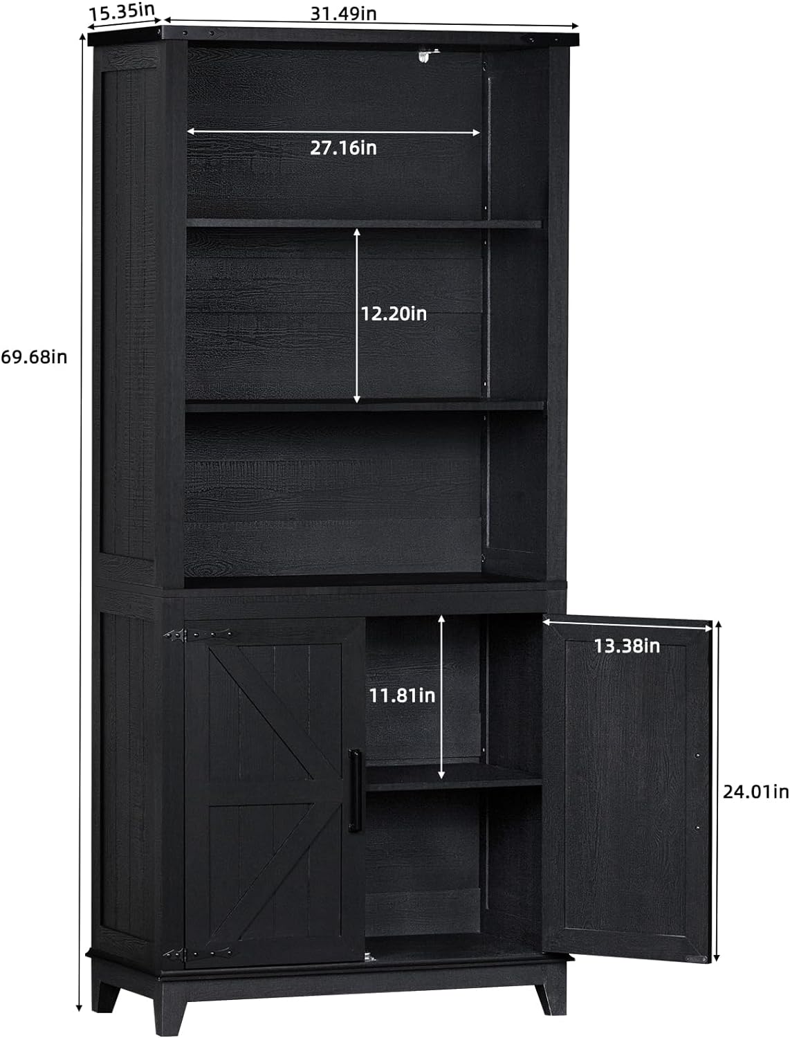 70in Tall Bookshelf 5 Tier Bookcase with Barn Doors and Adjustable Shelves, Black Farmhouse Book Shelf with Storage Cabinet, Wood Freestanding Display Bookshelves for Bedroom, Living Room