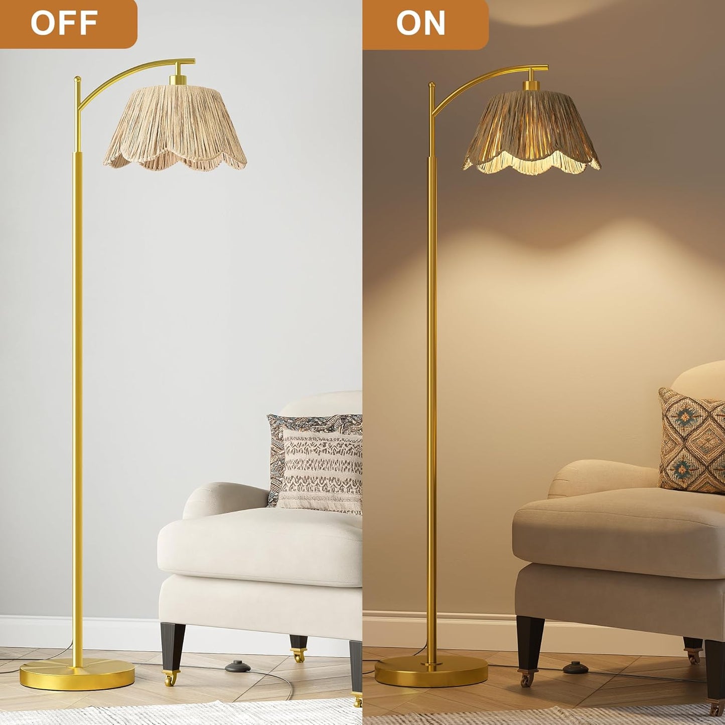 Oneach Arc Floor Lamp for Living Room,Rattan Boho Floor Lamp with Hand-Woven Wicker Shade, Foot Switch,Gold Metal Base & Pole,Farmhouse Standing Lamp for Bedroom Corner,Reading