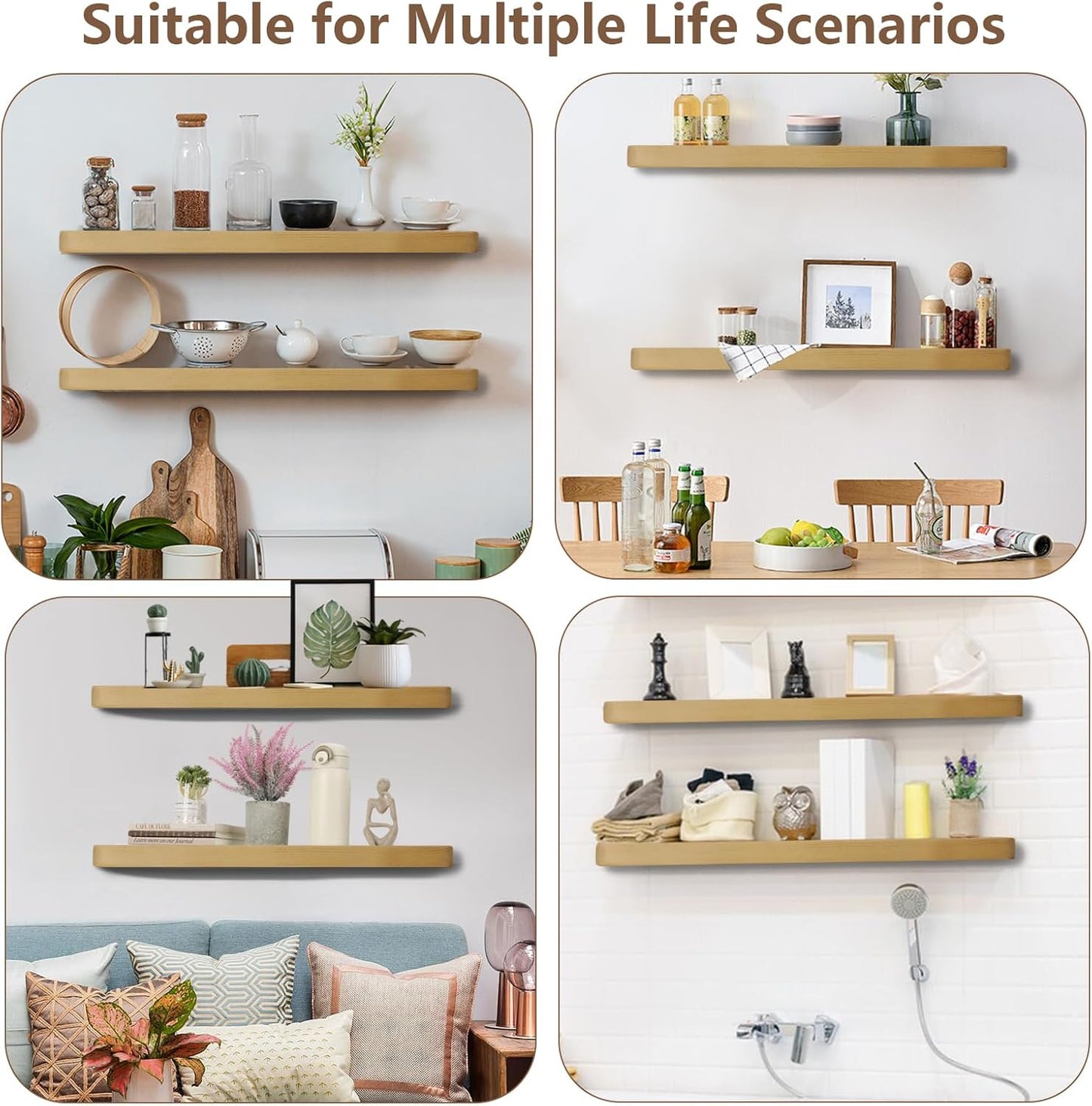 Solid Wood Floating Shelves Set of 2 - Natural, Warp & Crack Resistant 17.72 Inch Wall Shelf with Invisible Brackets Thicker, More Durable for Bathroom, Bedroom, Kitchen, Living Room (Wood, 17.72)