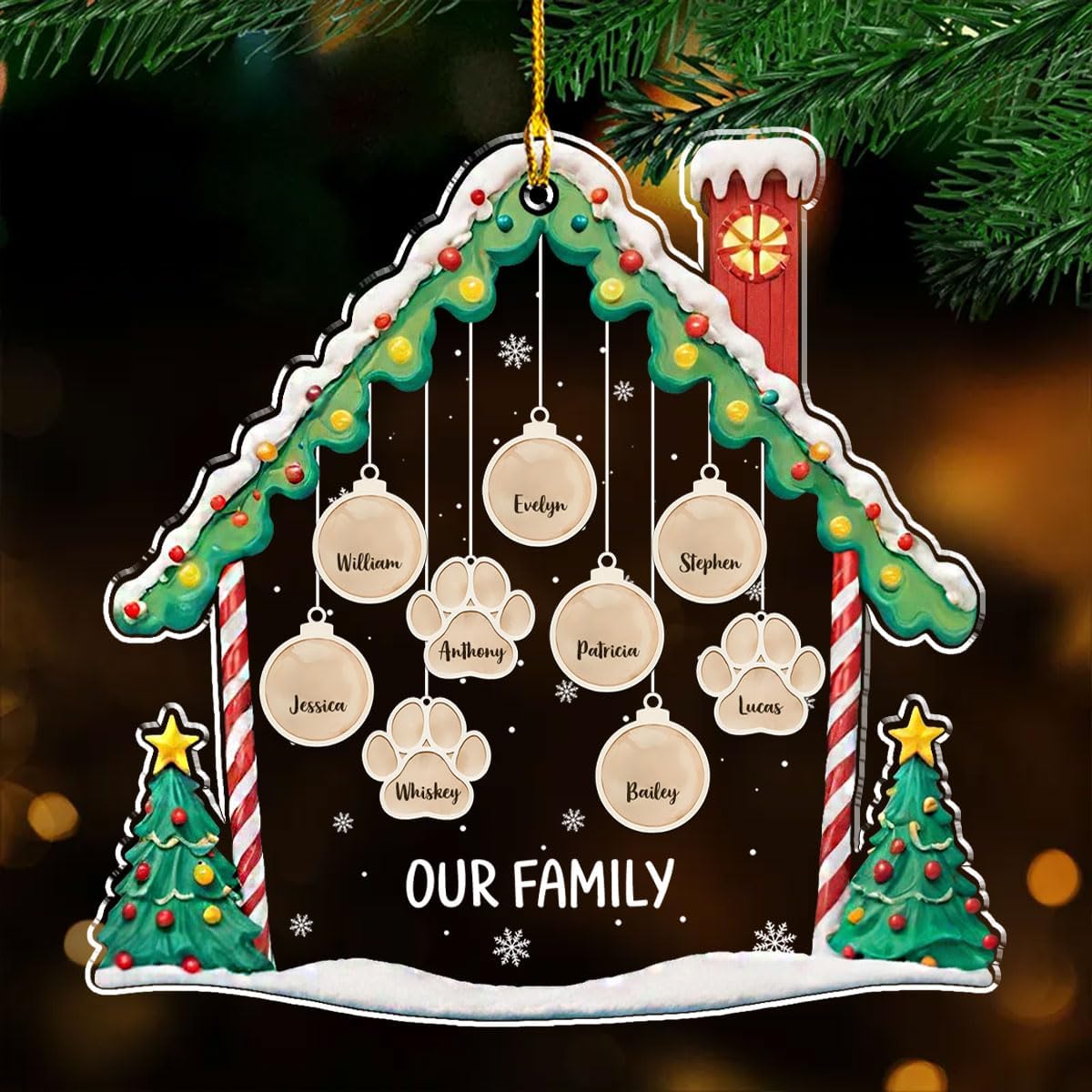 Personalized Family Christmas Acrylic Ornament 2024 - Custom Name Charms Family Members up to 10 People and Pets, Paw Charm Ornament Gifts for Family Tree Decoration (A02, 2 Names)
