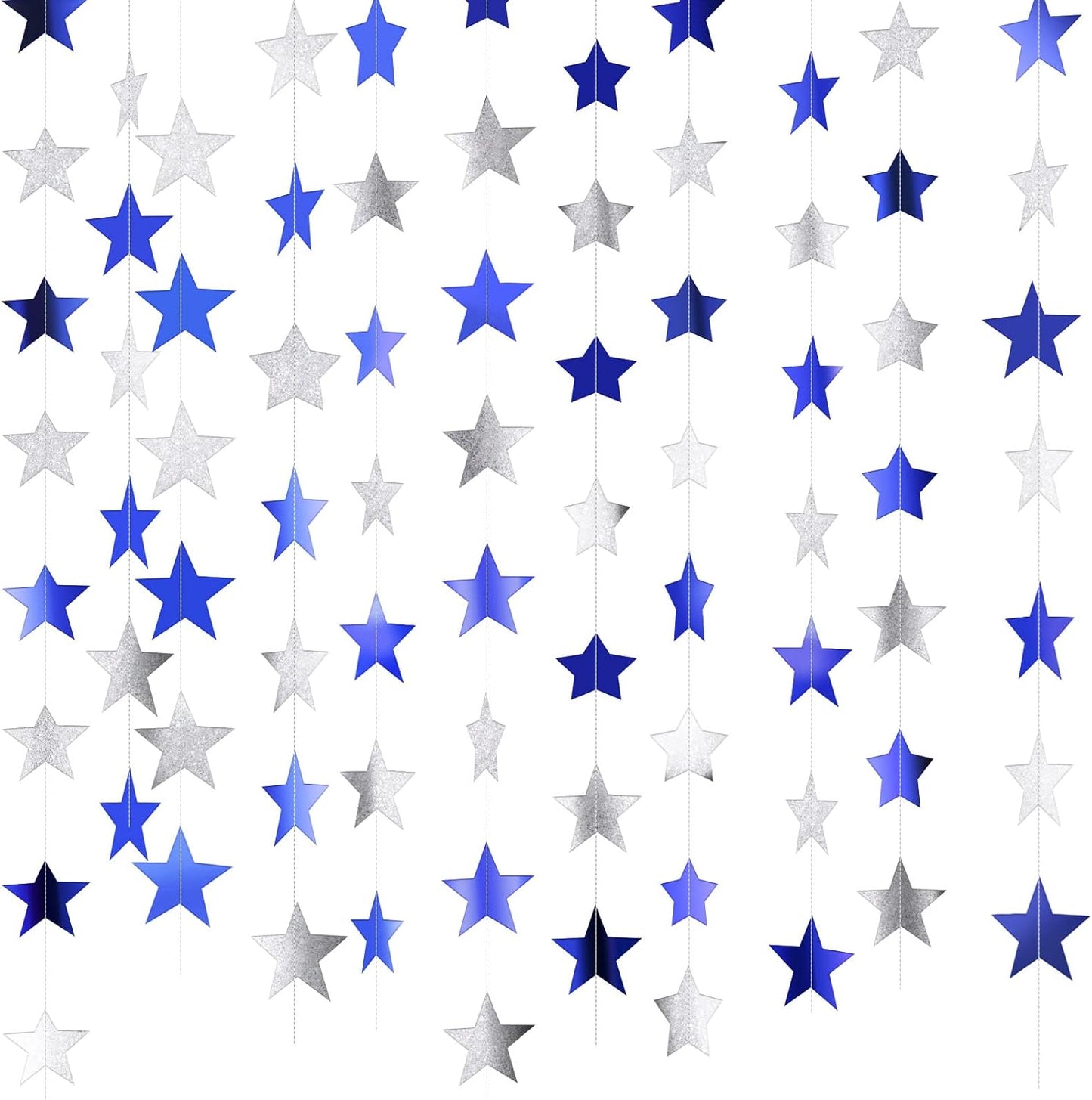 Patelai Glitter Star Garland Banner Decor 130 Feet Star Hanging Bunting Banner Twinkle Backdrop for Homecoming Classroom Wedding Birthday Halloween Christmas Party Supplies(Ocean Blue, Glitter Silver)
