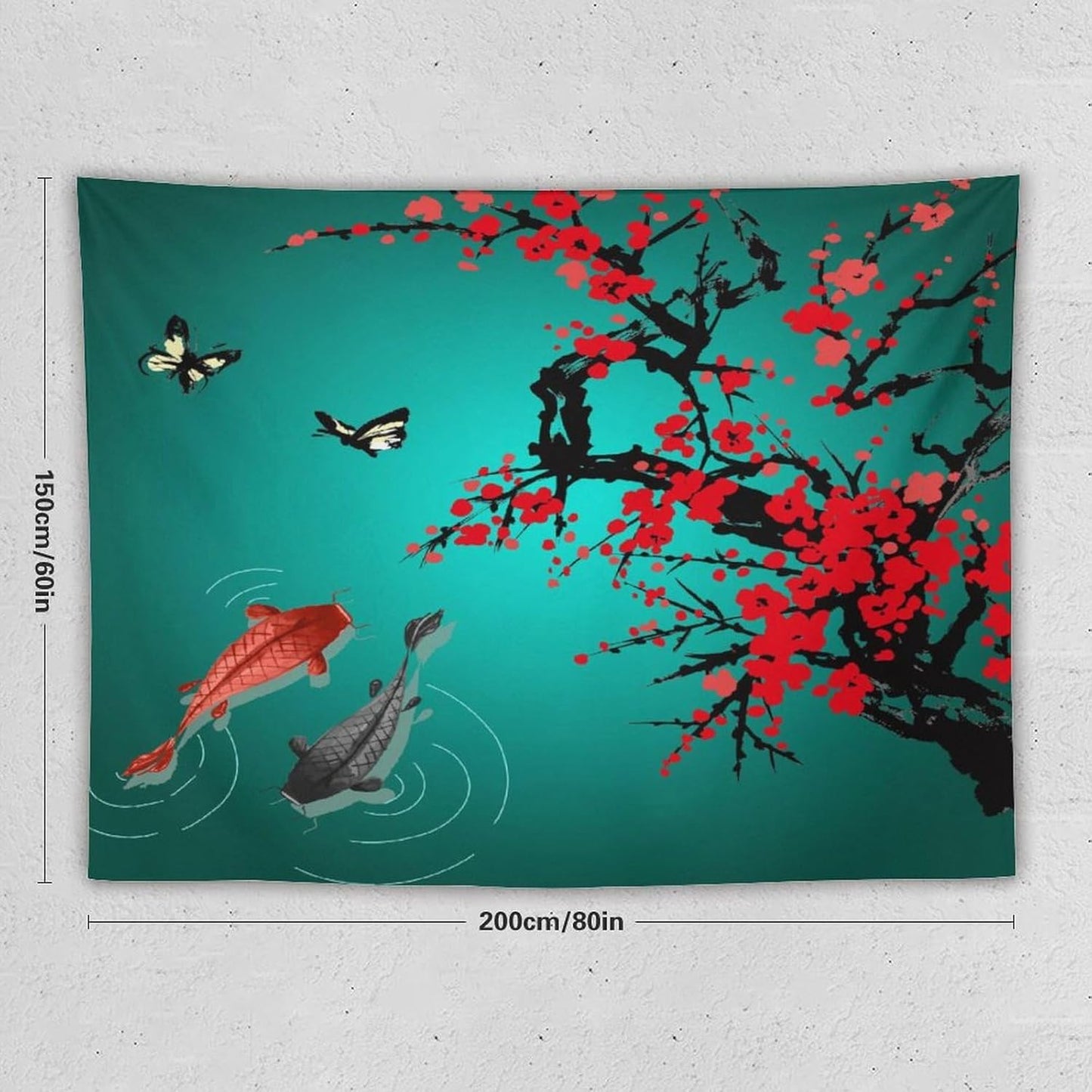 Houselerax Japanese Koi Fish Tapestry, Cherry Blossoms Asian Oriental Green Teal Floral Branch Koi Fish Carp Tapestries Wall Hanging for Bedroom Living Room Office Decor 80"x60"