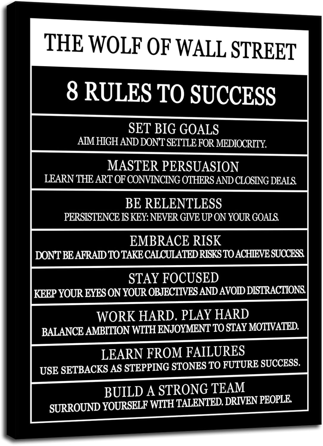 Motivational Posters The Wolf Of Wall Street 8 Rules To Success Printed Canvas Painting Inspirational Wall Decor for Office Hallway Gym Bedroom Living Room Framed Ready to Hang[30" W X 40" H]