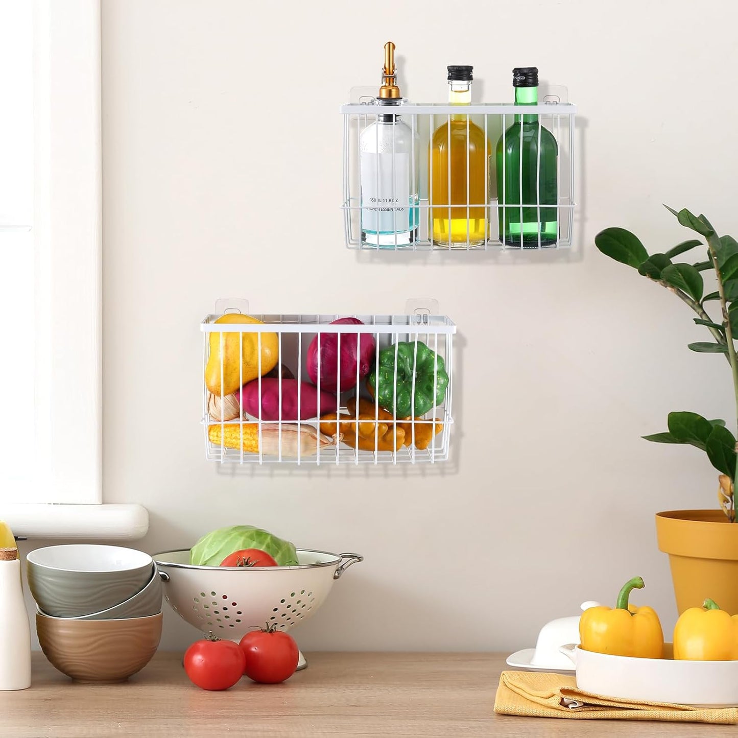 3 Pcs Magnetic or Adhesive Refrigerator Organizer Magnetic Baskets Kitchen Holder for Refrigerator Metal Shelf Rack Storage with 2 Types of Installation(White)
