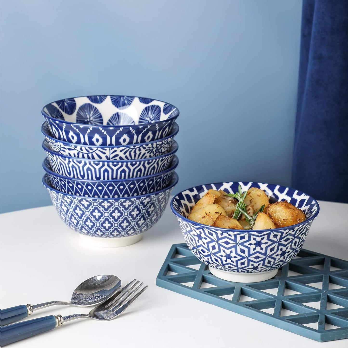 Selamica Porcelain 11oz Ice Cream Bowls Set of 6, Small Bowls, Ceramic bowls for Dessert, Ice Cream, Vintage Blue