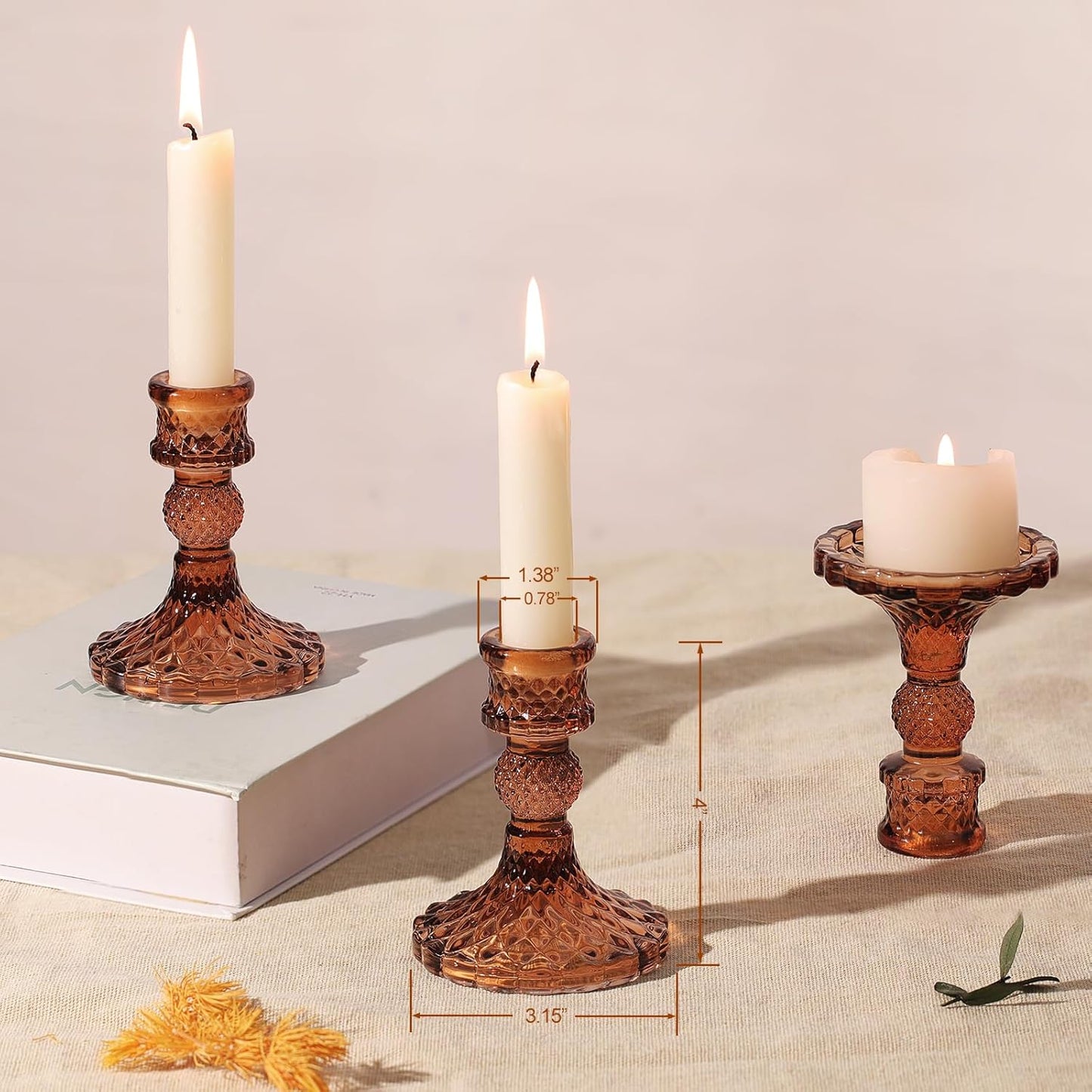 12Pcs Amber Candlestick Holders Set- 4" H Taper Candle Holders Bulk, Glass Candle Holders for Wedding, Party, Fall Dinner Table Centerpieces, Festival Gifts & Windowsill Decor