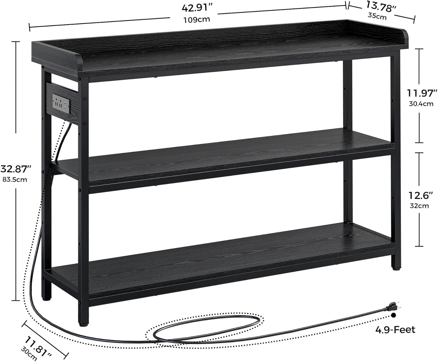 IRONCK Console Table, Sofa Table with Power Outlet, Farmhouse Hallway Table for Entryway, Living Room, Height Adjustable, Easy Assembly, Vintage Black, 43"