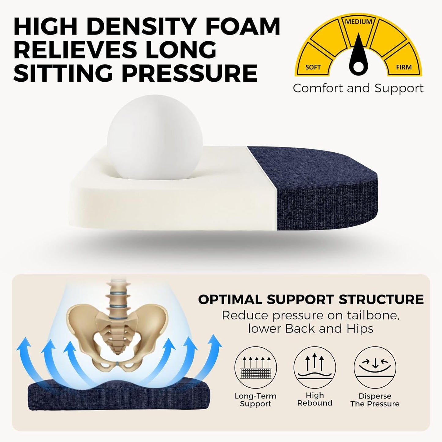 downluxe Indoor Chair Cushions for Dining Chairs, Soft and Comfortable Textured Foam Kitchen Chair Pads with Ties and Non-Slip Backing, 16" x 16" x 2", Navy, 6 Pack