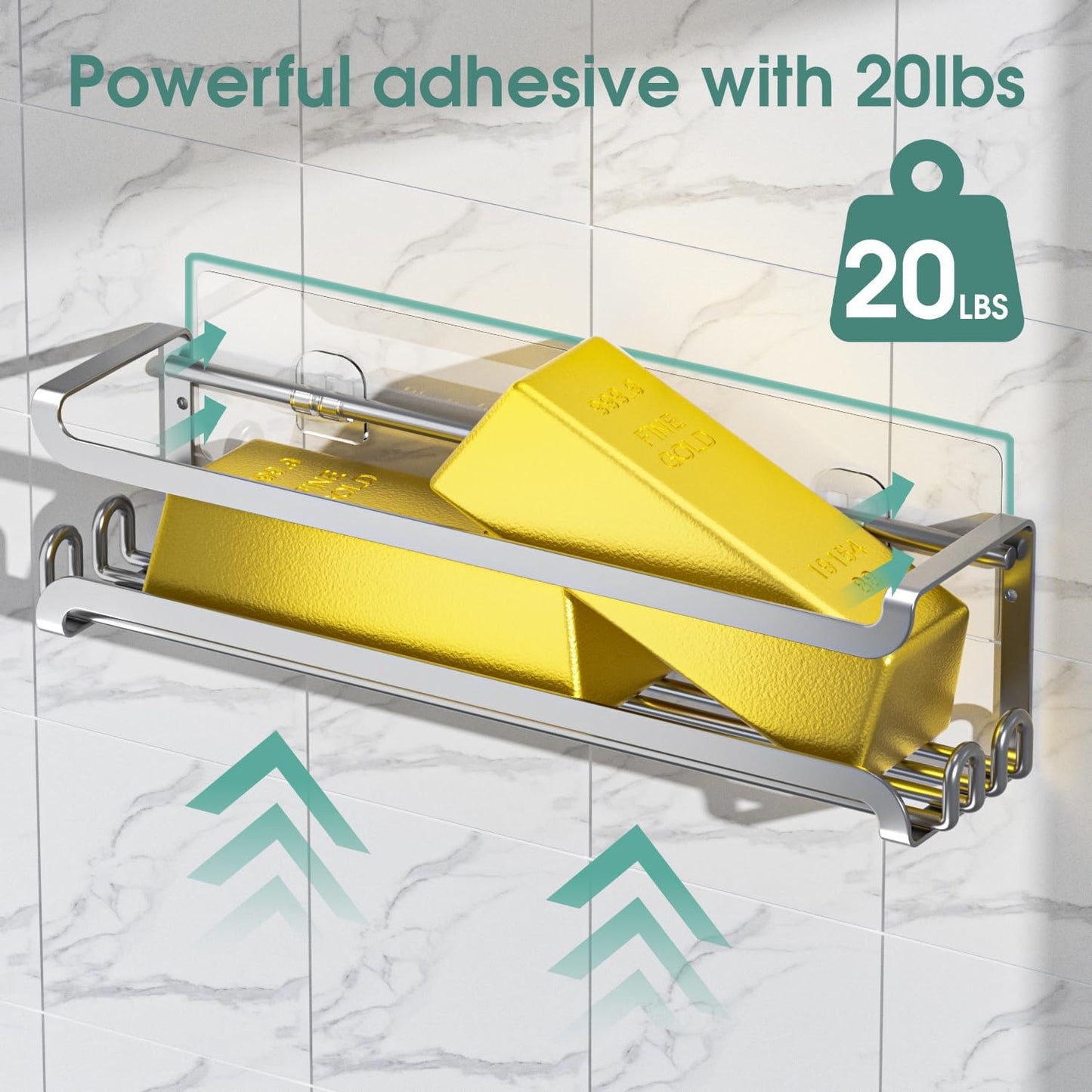 LUCYCAZ 2 Pack Wall Mounted Spice Rack with 16 Hooks, Spice Organizer Shelf for Stove Cabinet Pantry Door,Screw or Adhesive Spice Shelf Hanging Wall Spice Rack in Kitchen and RV (Silver, 2 PACK)