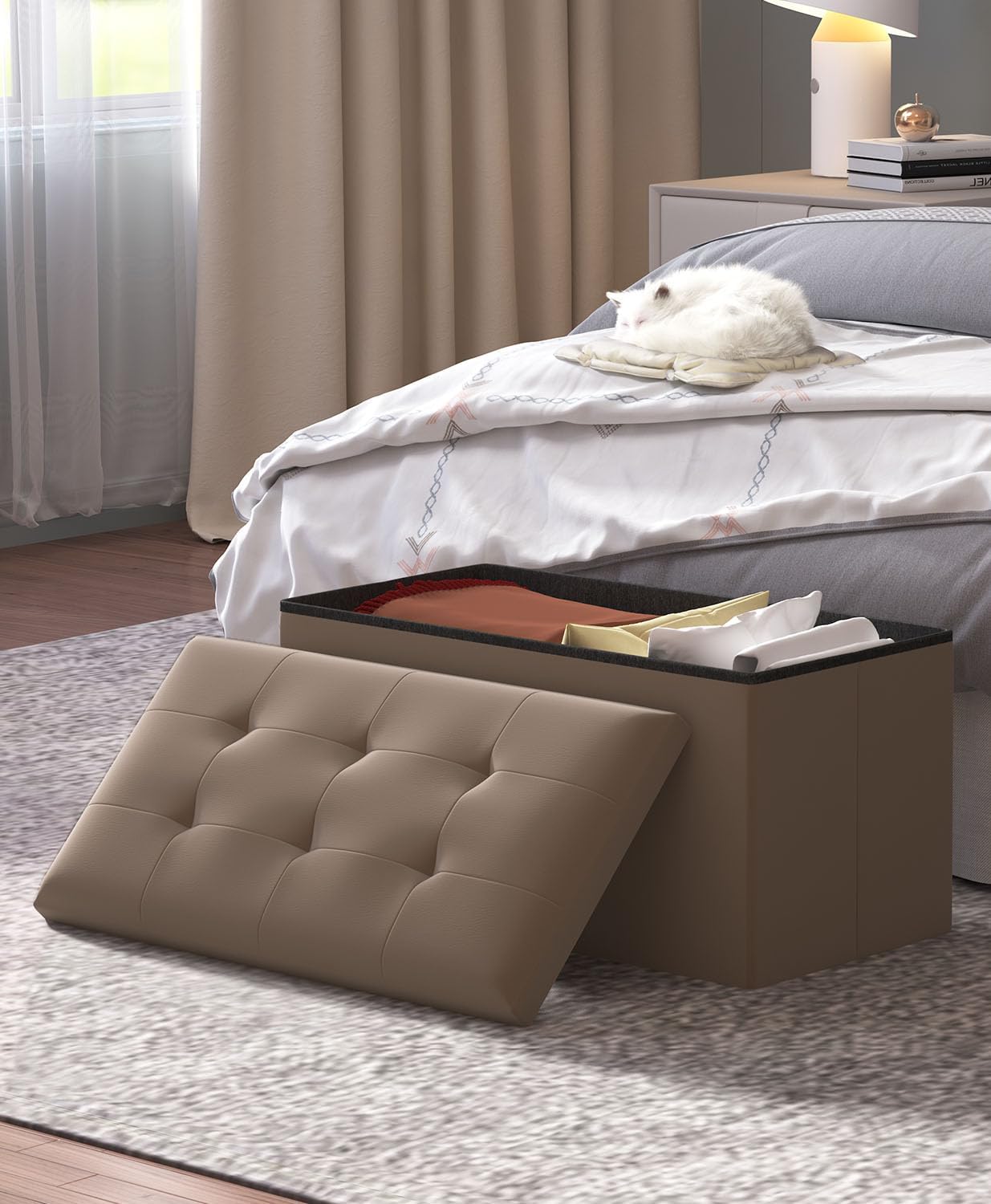 Storage Ottoman Bench, Folding Ottoman Foot Rest, 15 x 30 x 15 Inches, End of Bed Bench,Storage Chest, for Living Room, Bedroom, Hallway, Entryway, Brown