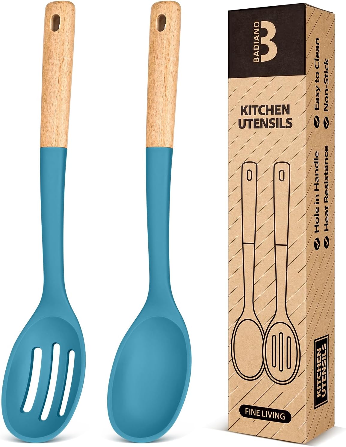 Silicone Cooking Spoons, Great for Scooping Sides and Serving Hearty Stews, BPA-Free Matte Silicone, Wooden Handle Serving Spoon for Nonstick Cooking Surfaces (Blue)