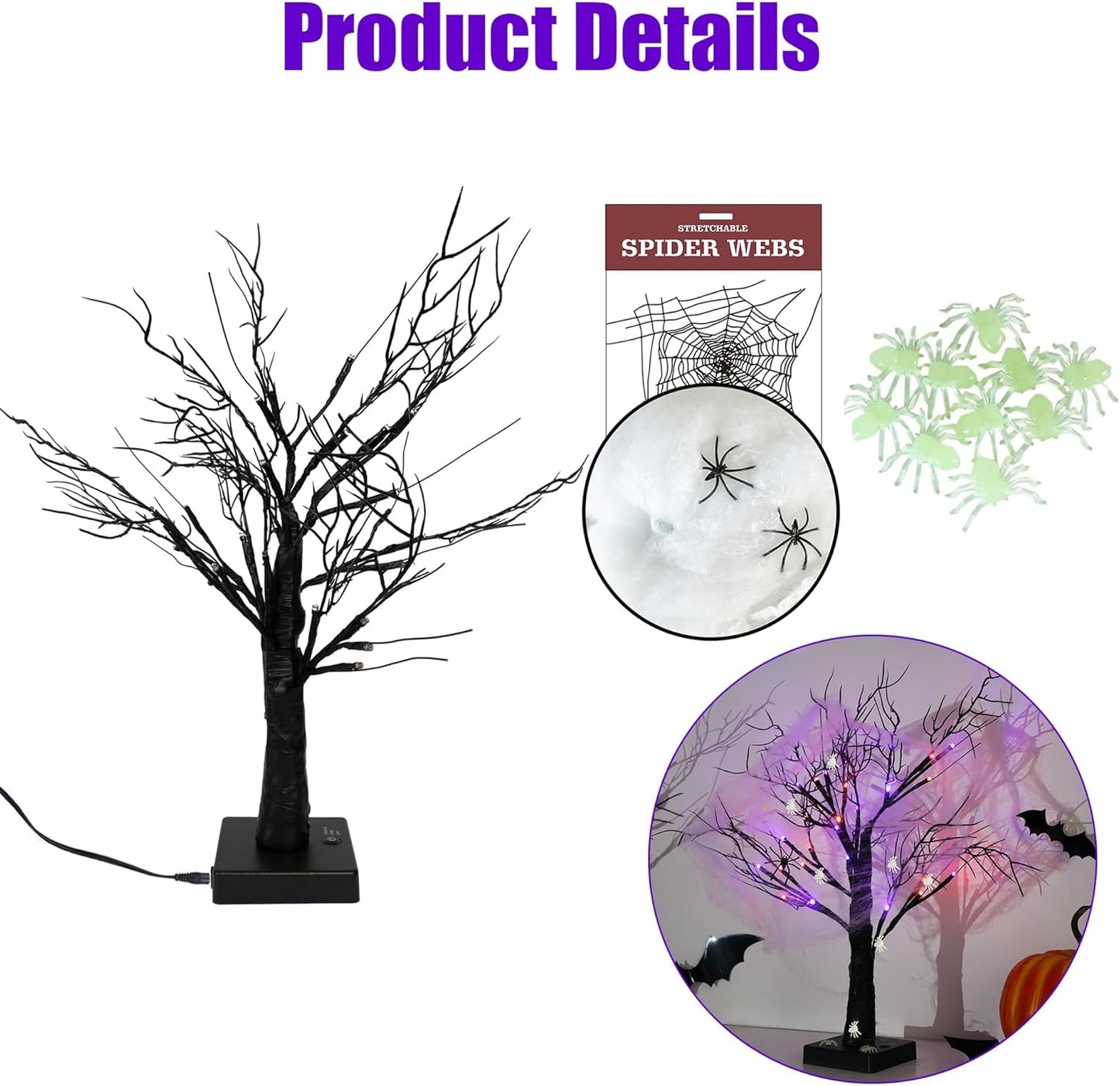 Dazzle Bright 2 Pack 20 Inch Orange & Purple Lighted Halloween Birches Tree Decor, 24 LED Battery Operated Halloween Decorations Artificial Black Spooky Tree with Timer for Indoor Home Party