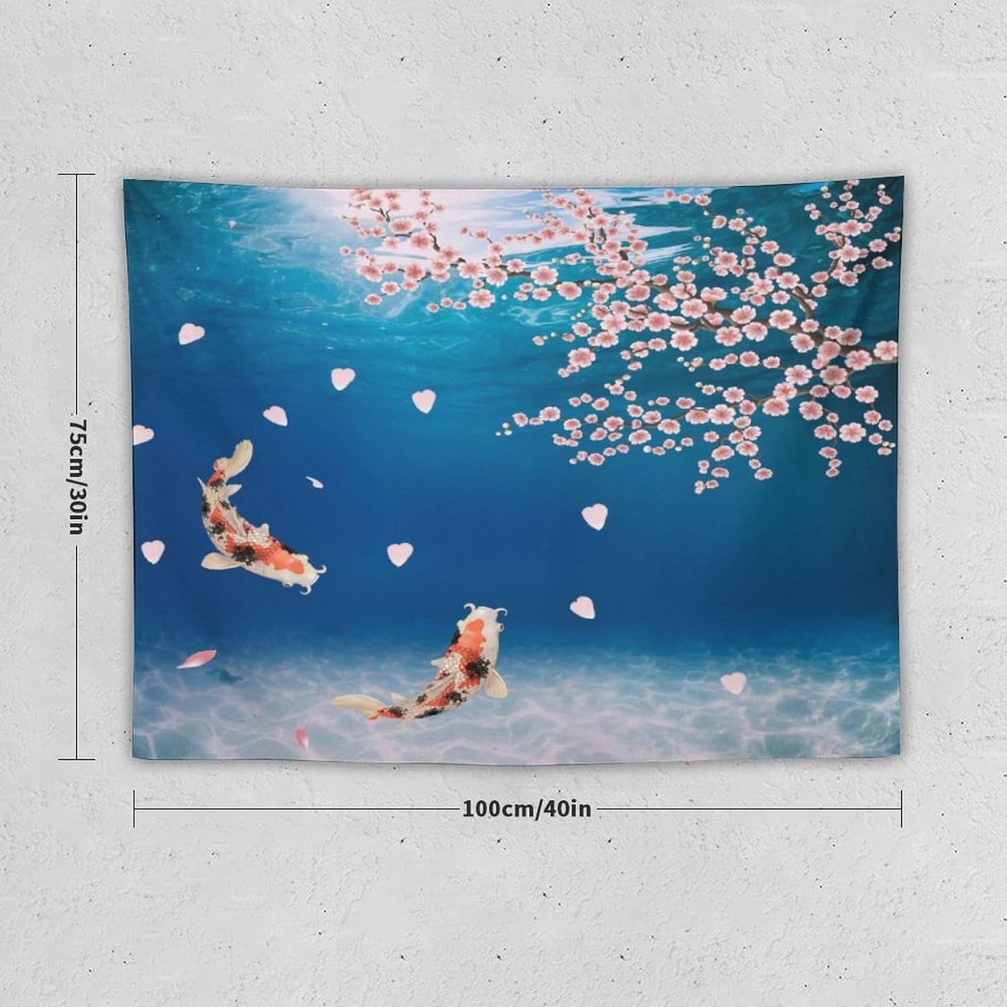 Japanese Koi Fish Tapestry, Cherry Blossoms Asian Oriental Blue Floral Branch Koi Fish Carp Tapestries Wall Hanging for Bedroom Living Room Office Decor 40"x30"