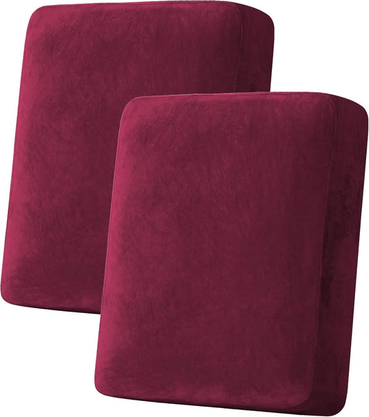 H.VERSAILTEX Velvet Stretch Couch Cushion Cover Plush Cushion Slipcover for Chair Loveseat Sofa Cushion Furniture Protector Seat Cushion Sofa Cover (2 Piece Medium Sofa Cushion Covers, Burgundy)