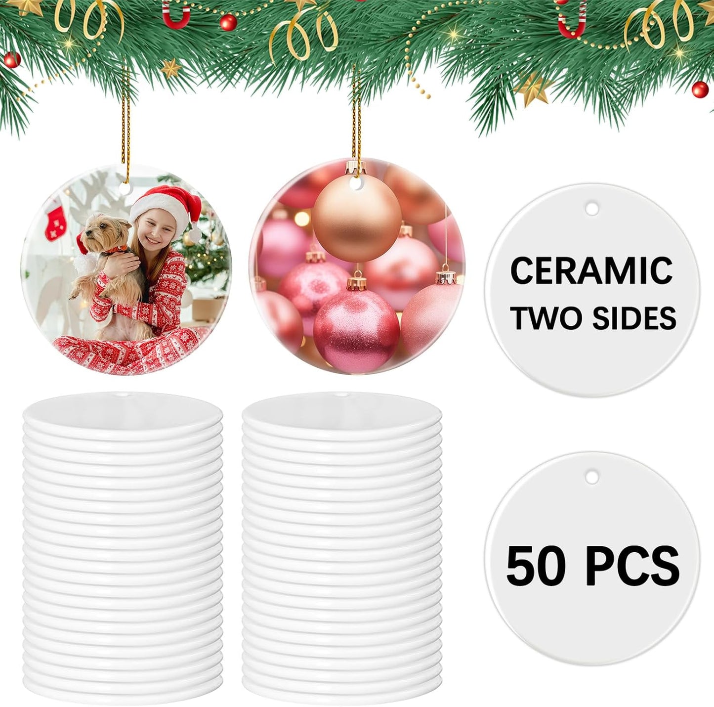 50 PCS Sublimation Ceramic Ornament Blank 3 inch Round Crafting DIY Personalized Christmas Home Decor Bulk Two-Sided Printed White Ceramic Decoration
