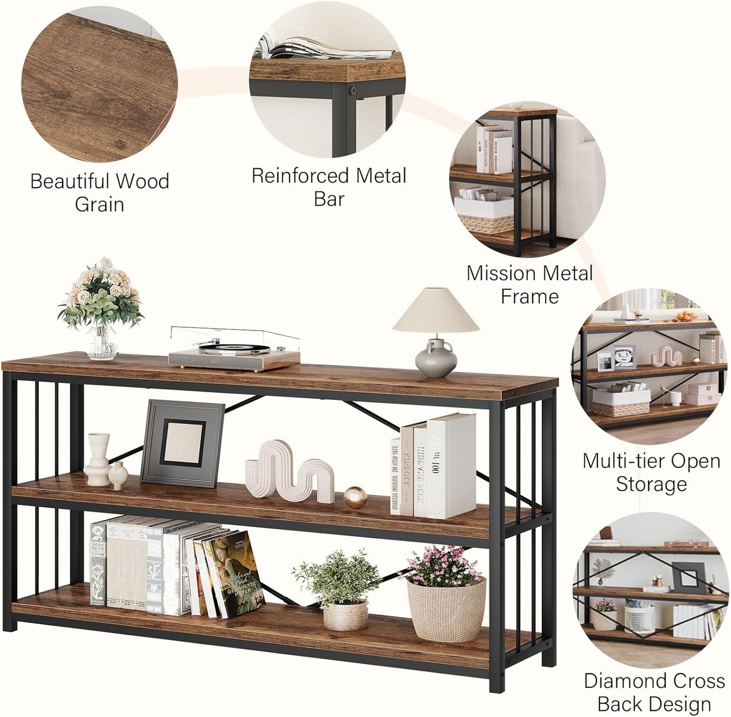 LVB Rustic Entryway Table, Industrial Extra Long Hallway Sofa Table, Wood Metal Narrow Console Table with Storage Shelf, Modern Skinny Couch Table for Foyer Living Room Bedroom, Rustic Brown, 70 Inch